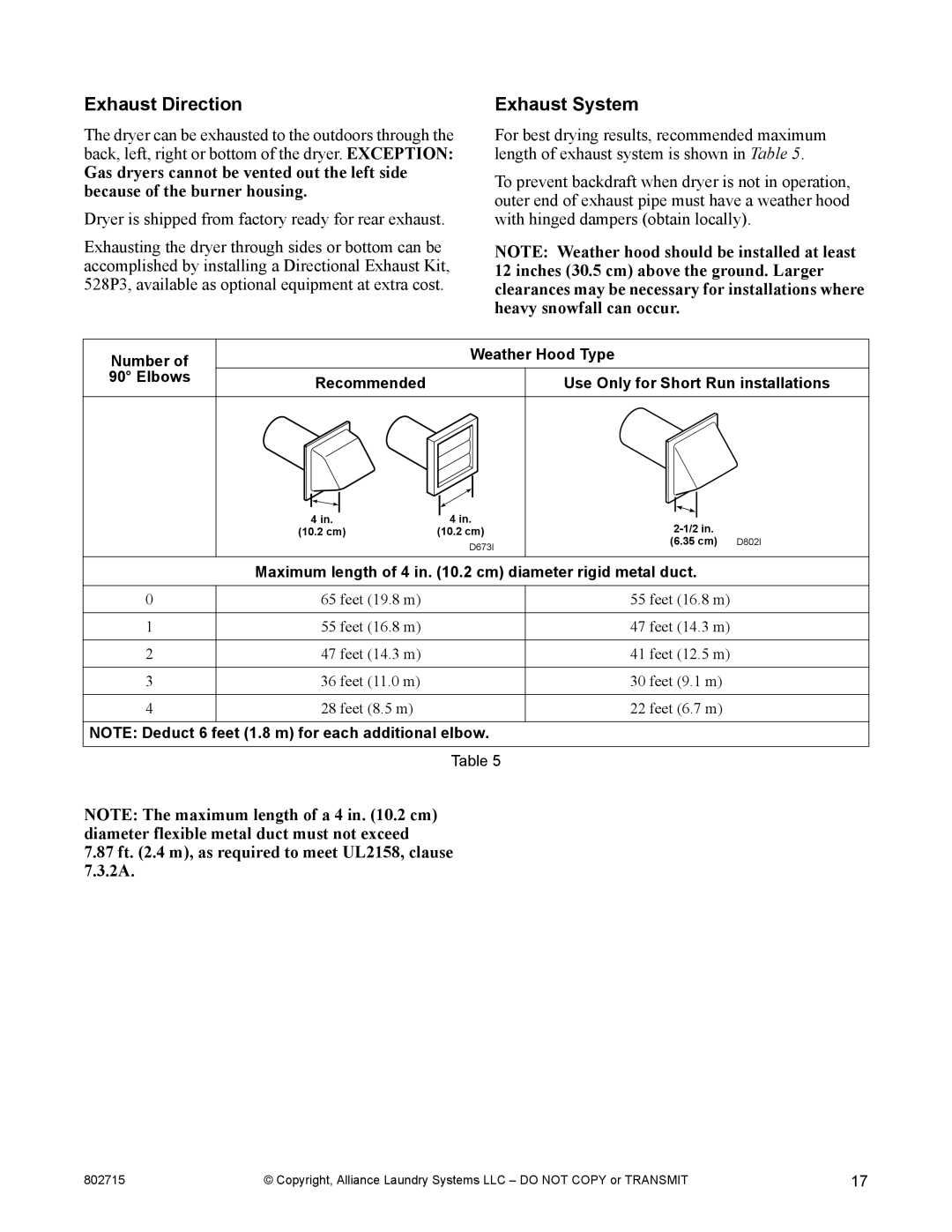 Alliance Laundry Systems Dishwasher manual Exhaust Direction, Exhaust System 