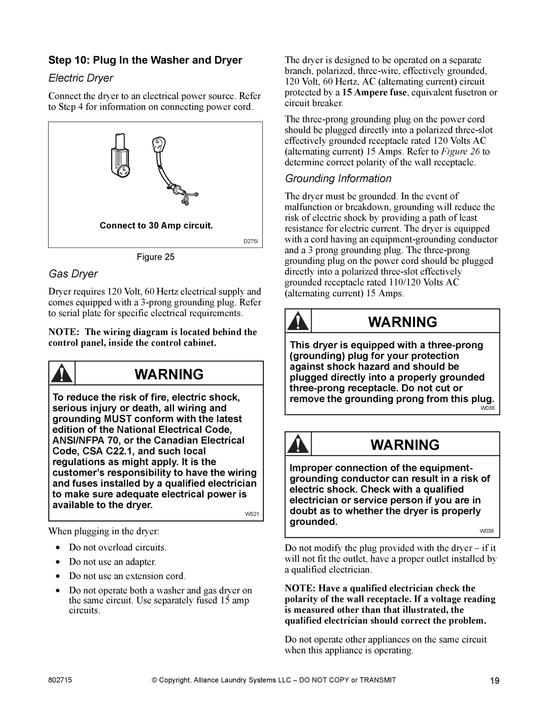 Alliance Laundry Systems Dishwasher manual Plug In the Washer and Dryer, Electric Dryer, Gas Dryer 