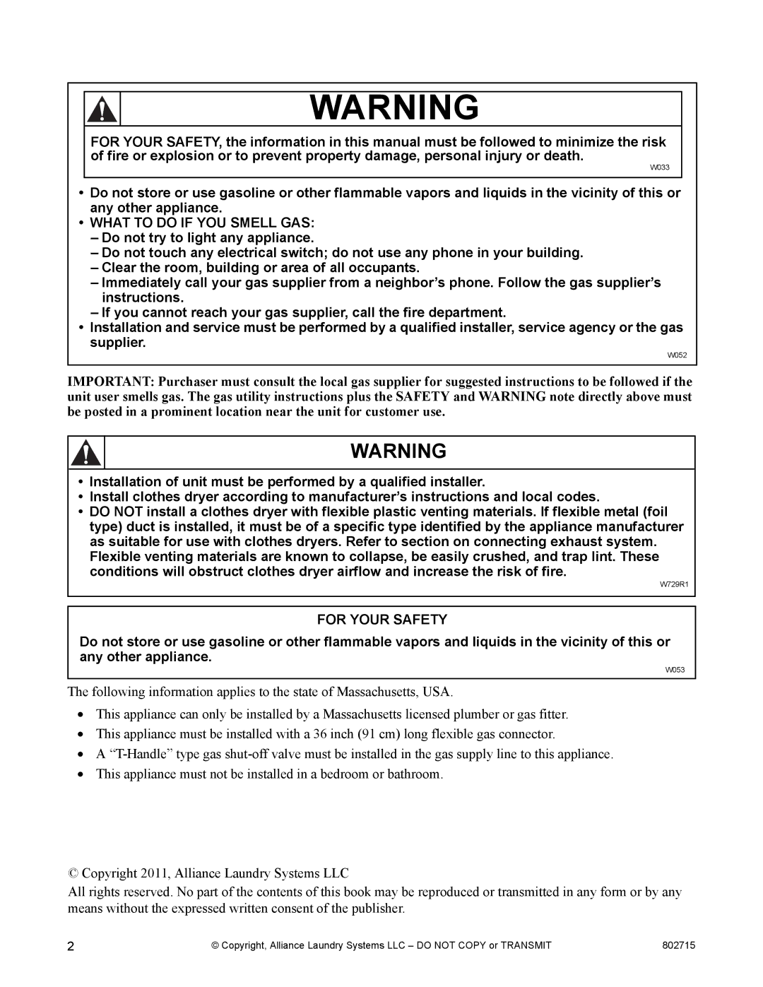 Alliance Laundry Systems Dishwasher manual What to do if YOU Smell GAS 