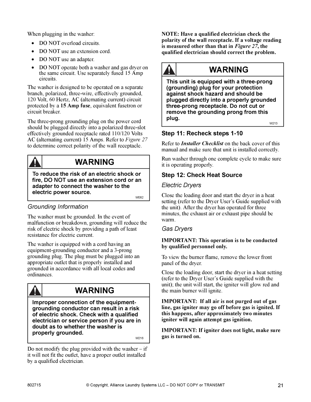 Alliance Laundry Systems Dishwasher manual Recheck steps, Check Heat Source, Electric Dryers, Gas Dryers 