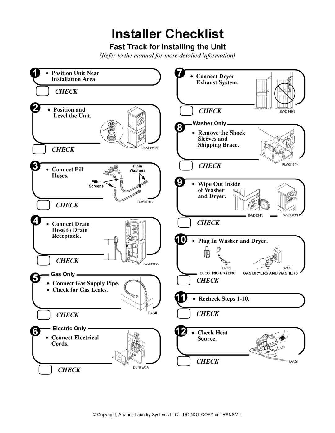 Alliance Laundry Systems Dishwasher manual Fast Track for Installing the Unit 