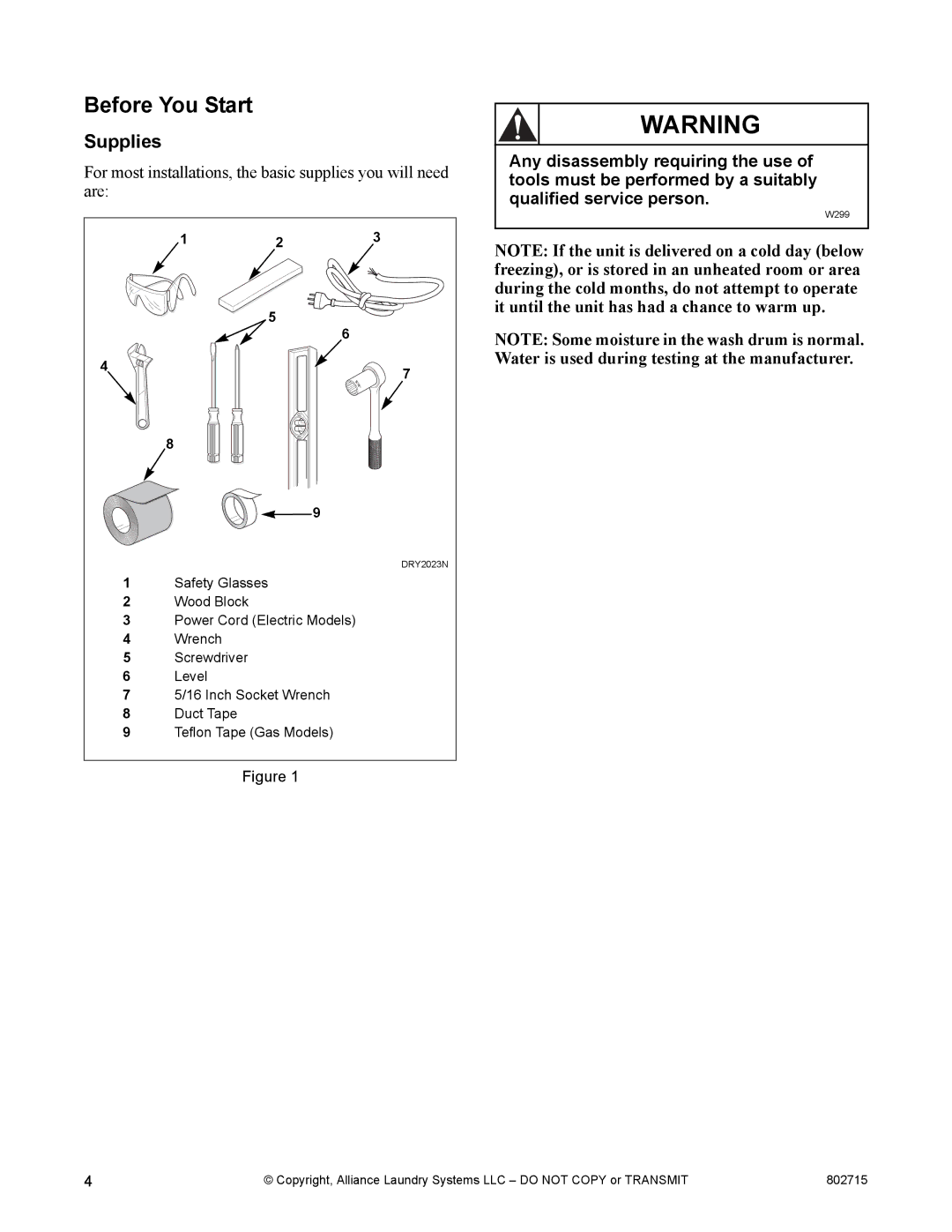 Alliance Laundry Systems Dishwasher manual Before You Start, Supplies 