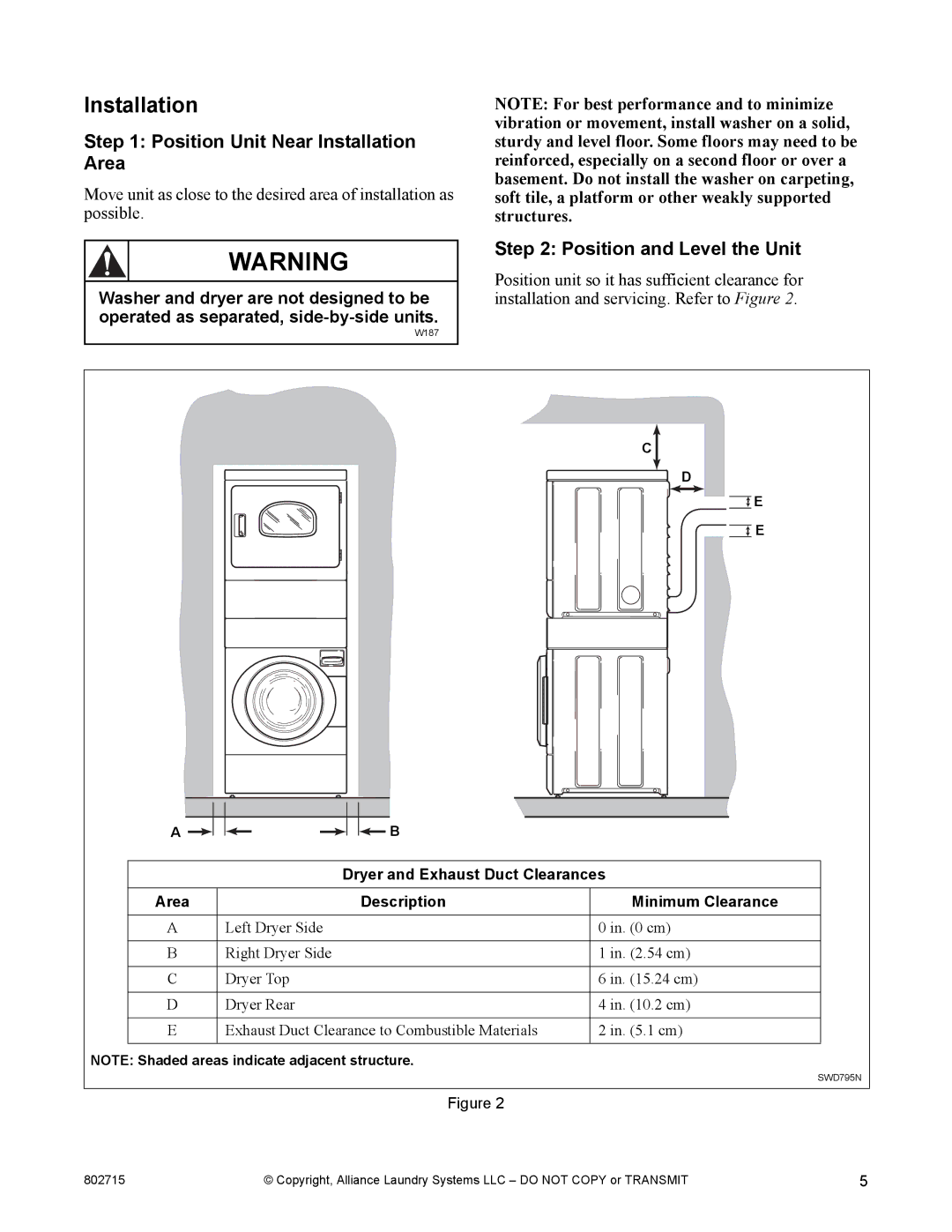 Alliance Laundry Systems Dishwasher manual Position Unit Near Installation Area, Position and Level the Unit 