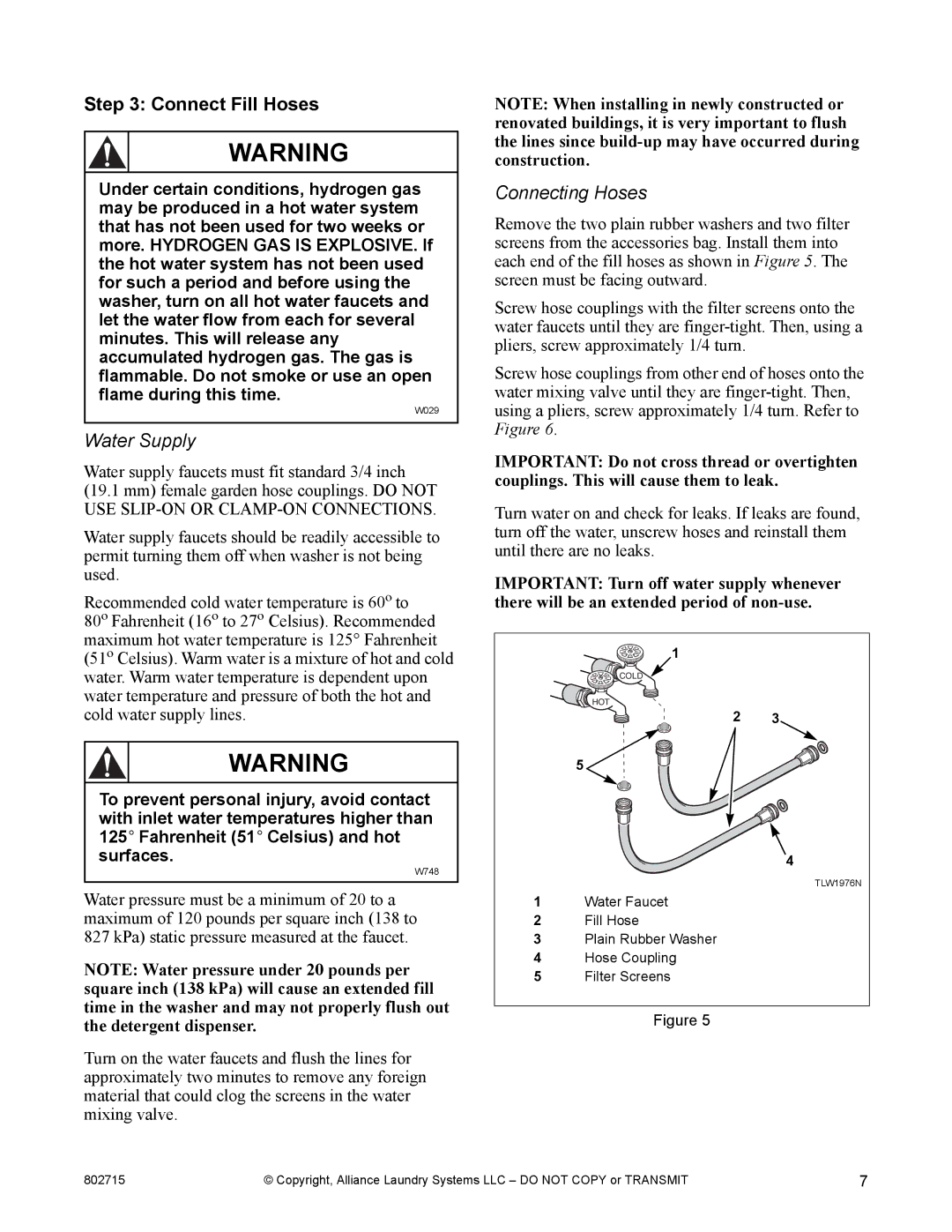 Alliance Laundry Systems Dishwasher manual Connect Fill Hoses, Water Supply, Connecting Hoses 