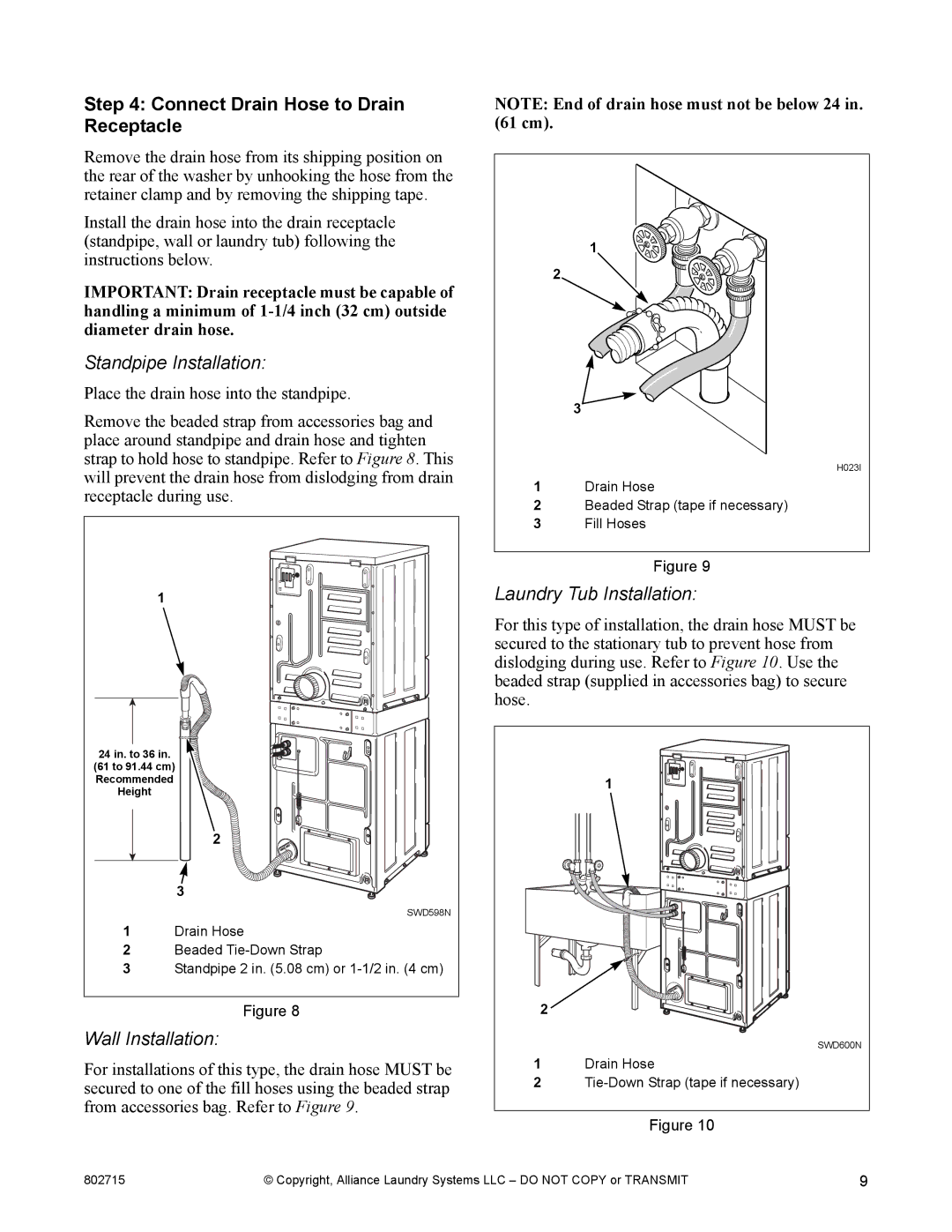 Alliance Laundry Systems Dishwasher Connect Drain Hose to Drain Receptacle, Standpipe Installation, Wall Installation 