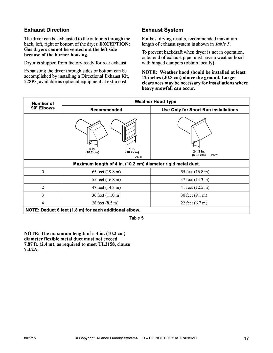 Alliance Laundry Systems Dishwasher manual Exhaust Direction, Exhaust System 