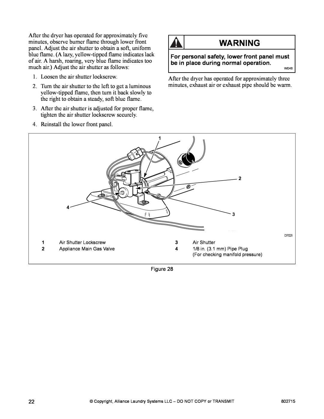 Alliance Laundry Systems Dishwasher manual Loosen the air shutter lockscrew 