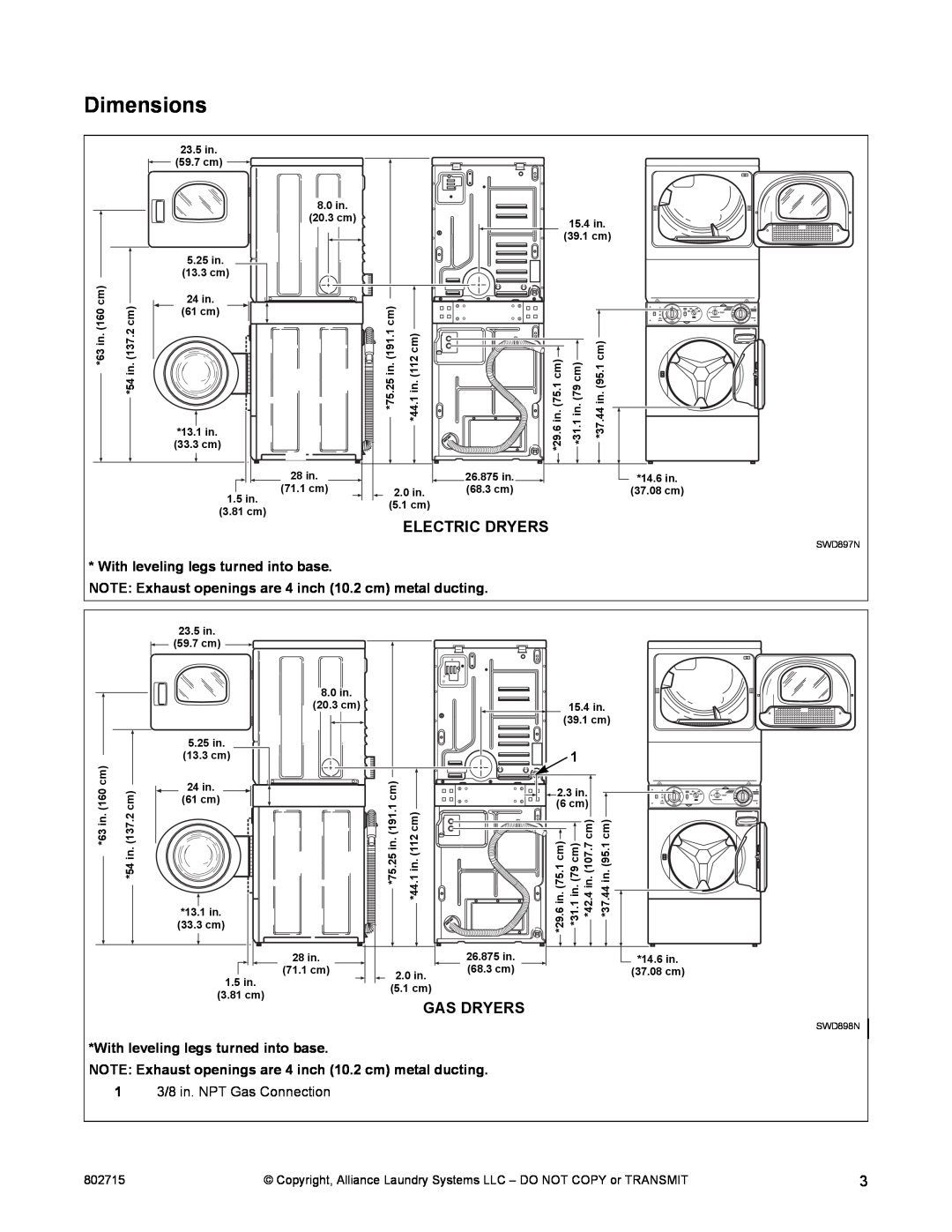 Alliance Laundry Systems Dishwasher manual Dimensions, Electric Dryers, Gas Dryers, 1 3/8 in. NPT Gas Connection, 802715 