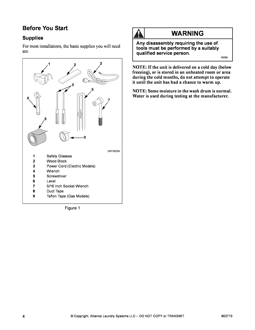 Alliance Laundry Systems Dishwasher manual Before You Start, Supplies 