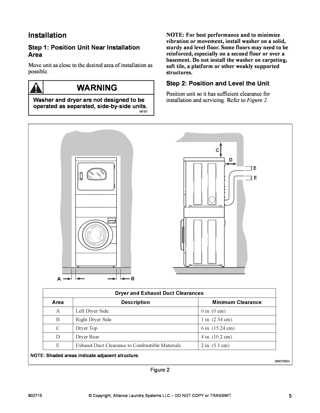 Alliance Laundry Systems Dishwasher manual Position Unit Near Installation Area, Position and Level the Unit 
