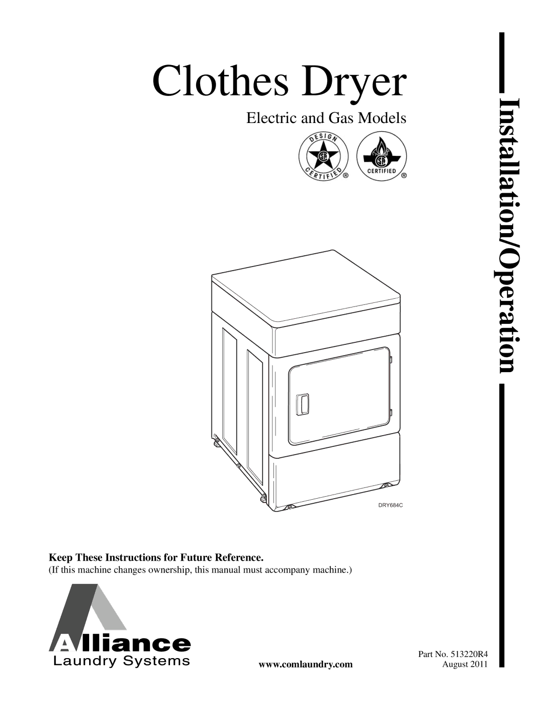 Alliance Laundry Systems DRY684C manual Clothes Dryer 