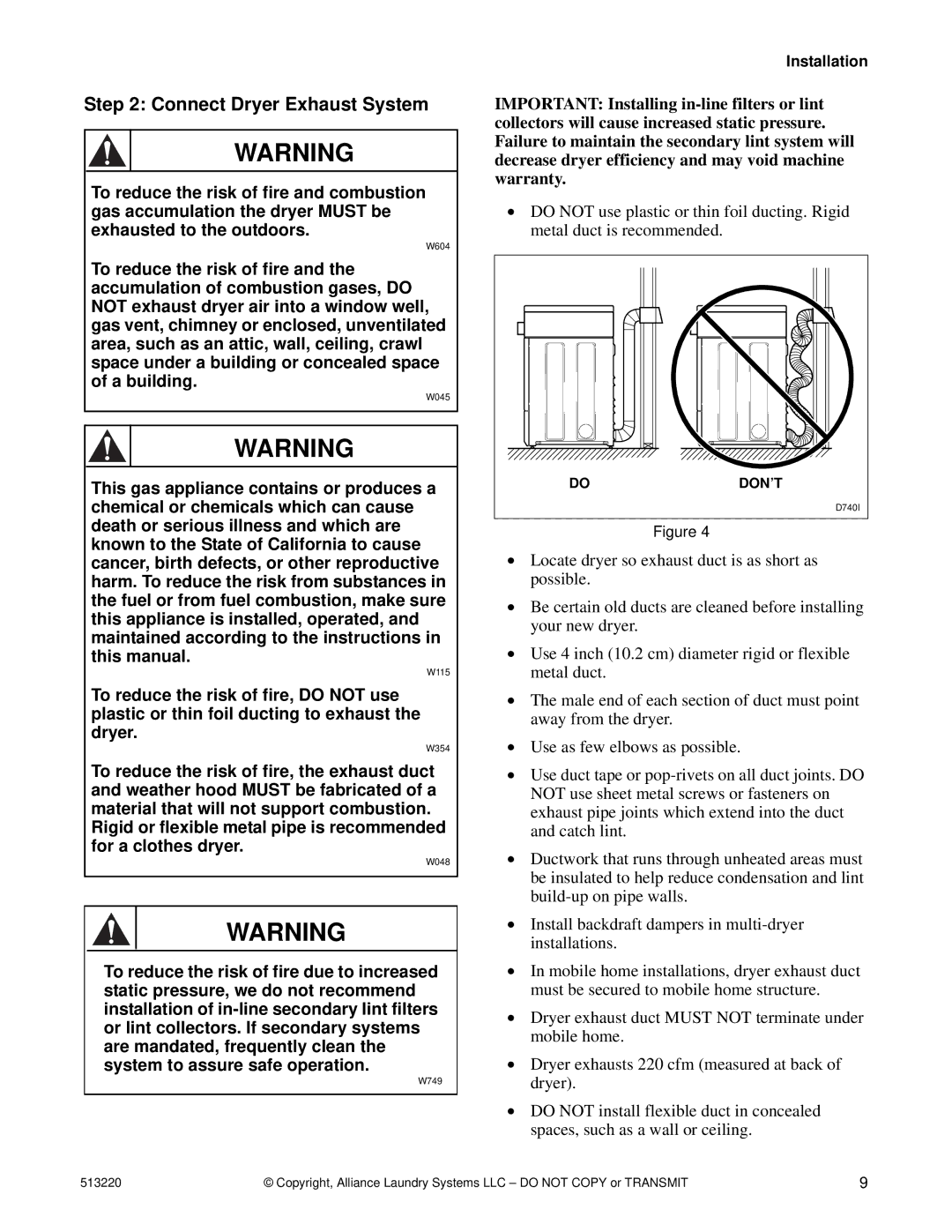 Alliance Laundry Systems DRY684C manual Connect Dryer Exhaust System 