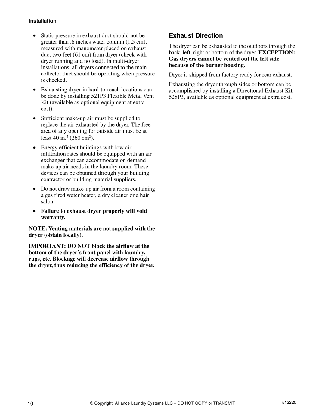 Alliance Laundry Systems DRY684C manual Exhaust Direction, Failure to exhaust dryer properly will void warranty 