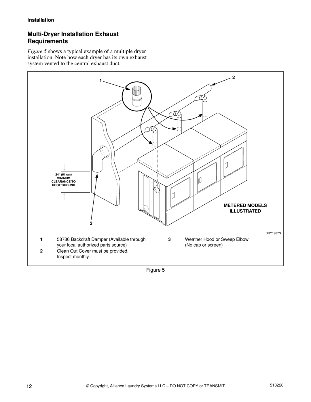 Alliance Laundry Systems DRY684C manual Multi-Dryer Installation Exhaust Requirements, Metered Models Illustrated 