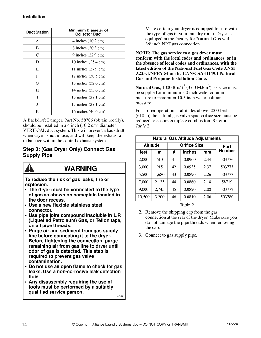 Alliance Laundry Systems DRY684C manual Gas Dryer Only Connect Gas Supply Pipe, Feet Inches Number 