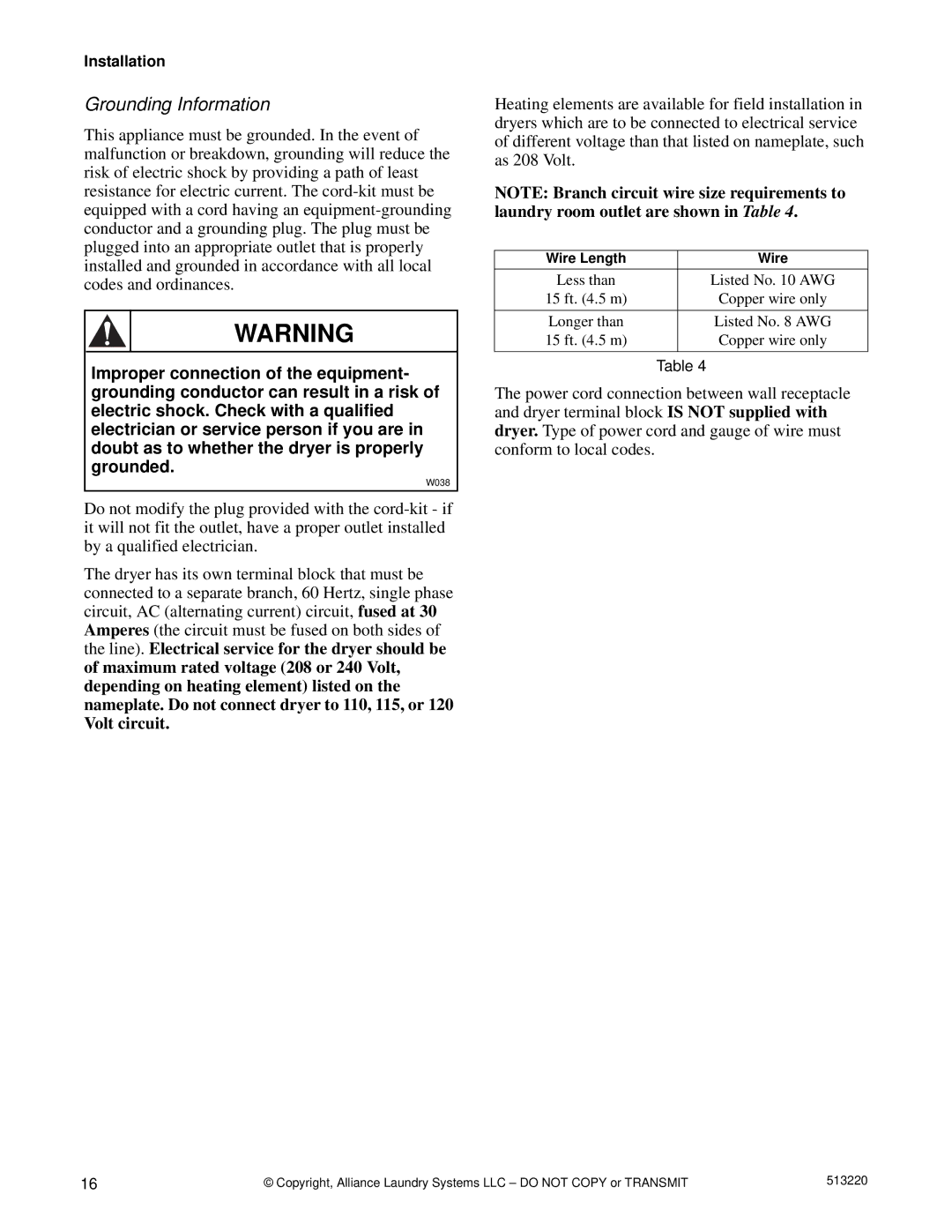 Alliance Laundry Systems DRY684C manual Grounding Information 