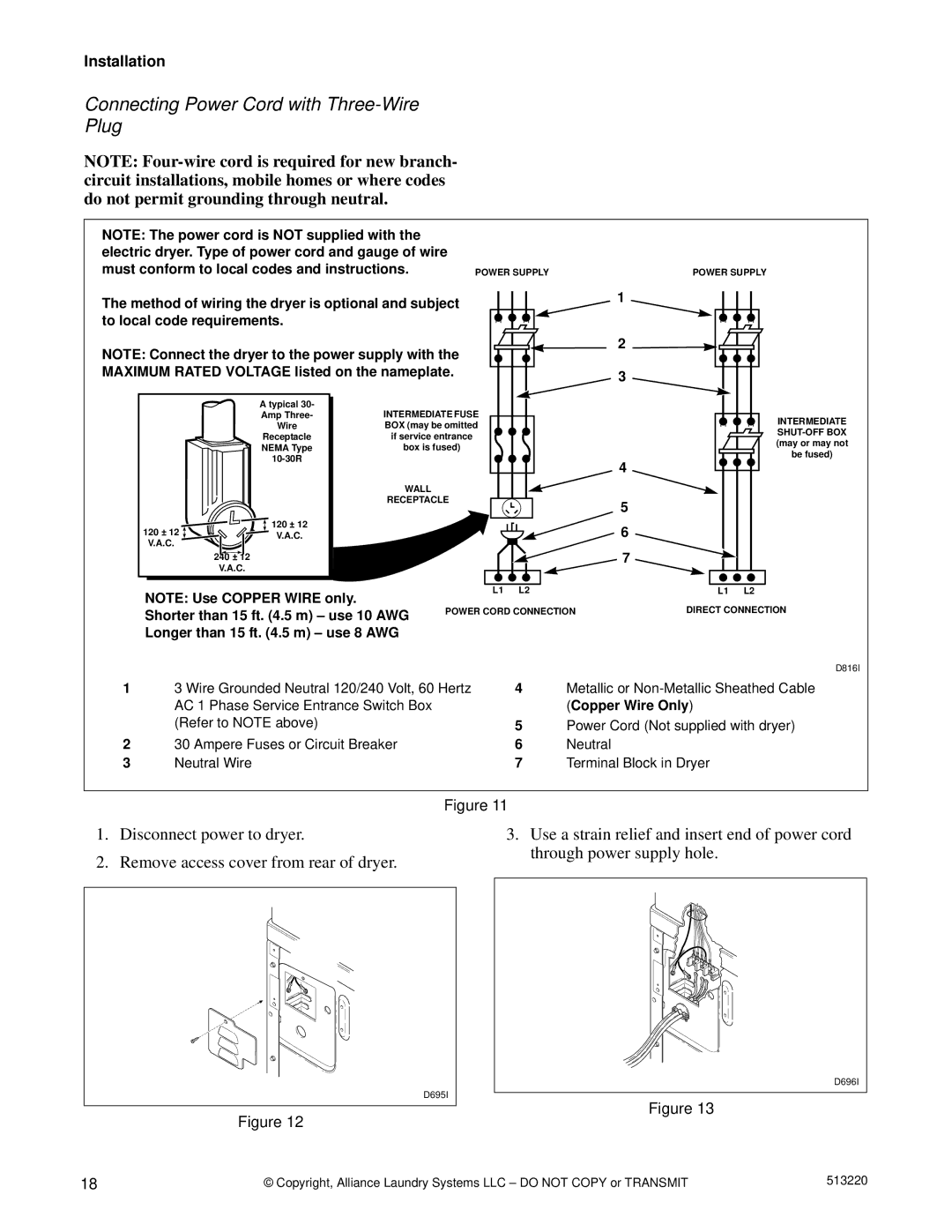 Alliance Laundry Systems DRY684C manual Connecting Power Cord with Three-Wire Plug, Copper Wire Only 