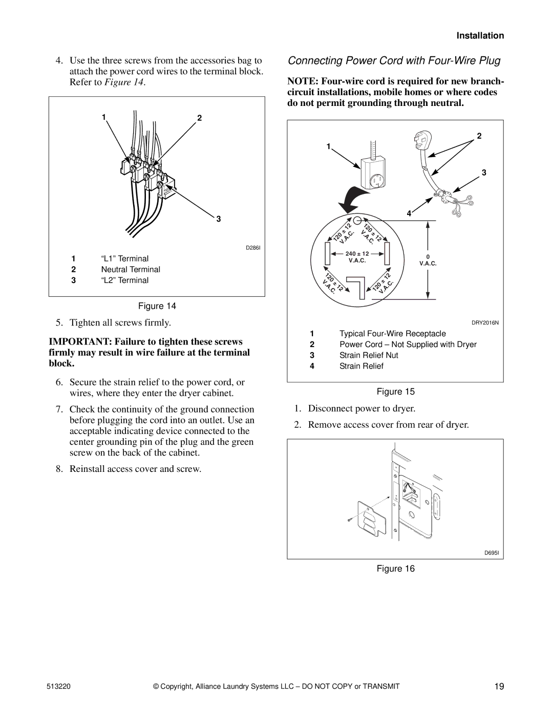 Alliance Laundry Systems DRY684C manual Connecting Power Cord with Four-Wire Plug 