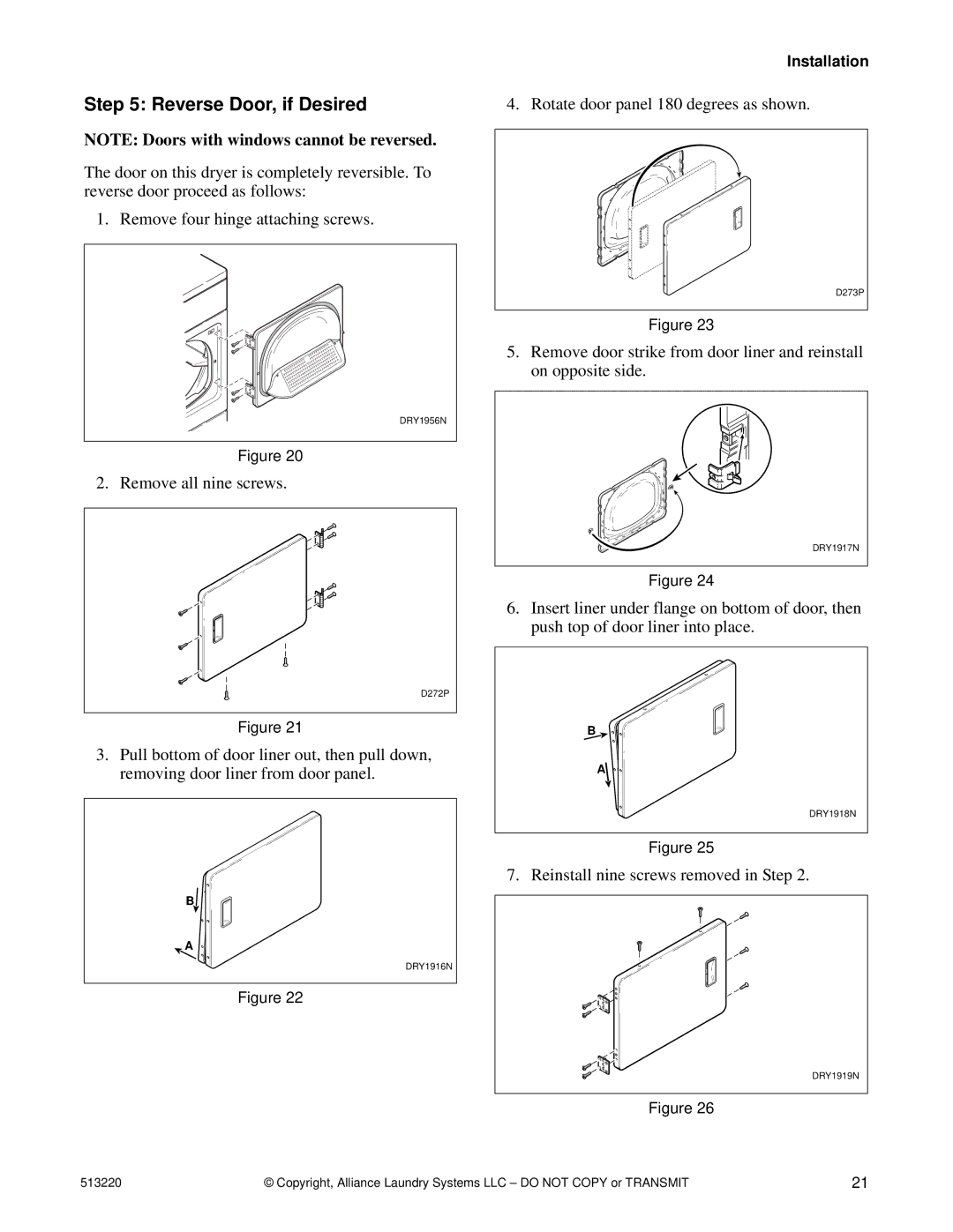 Alliance Laundry Systems DRY684C manual Reverse Door, if Desired, Reinstall nine screws removed in Step 