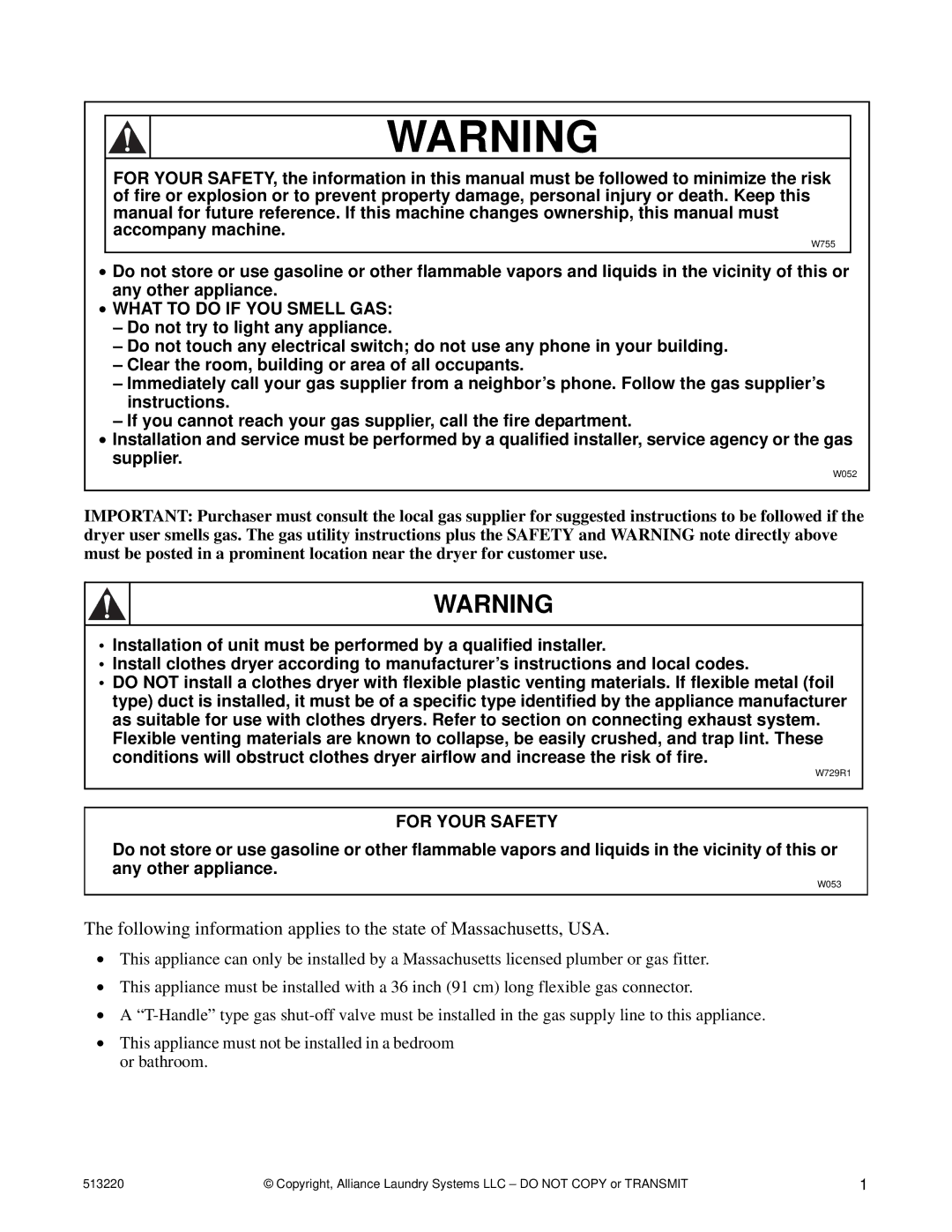 Alliance Laundry Systems DRY684C manual What to do if YOU Smell GAS 