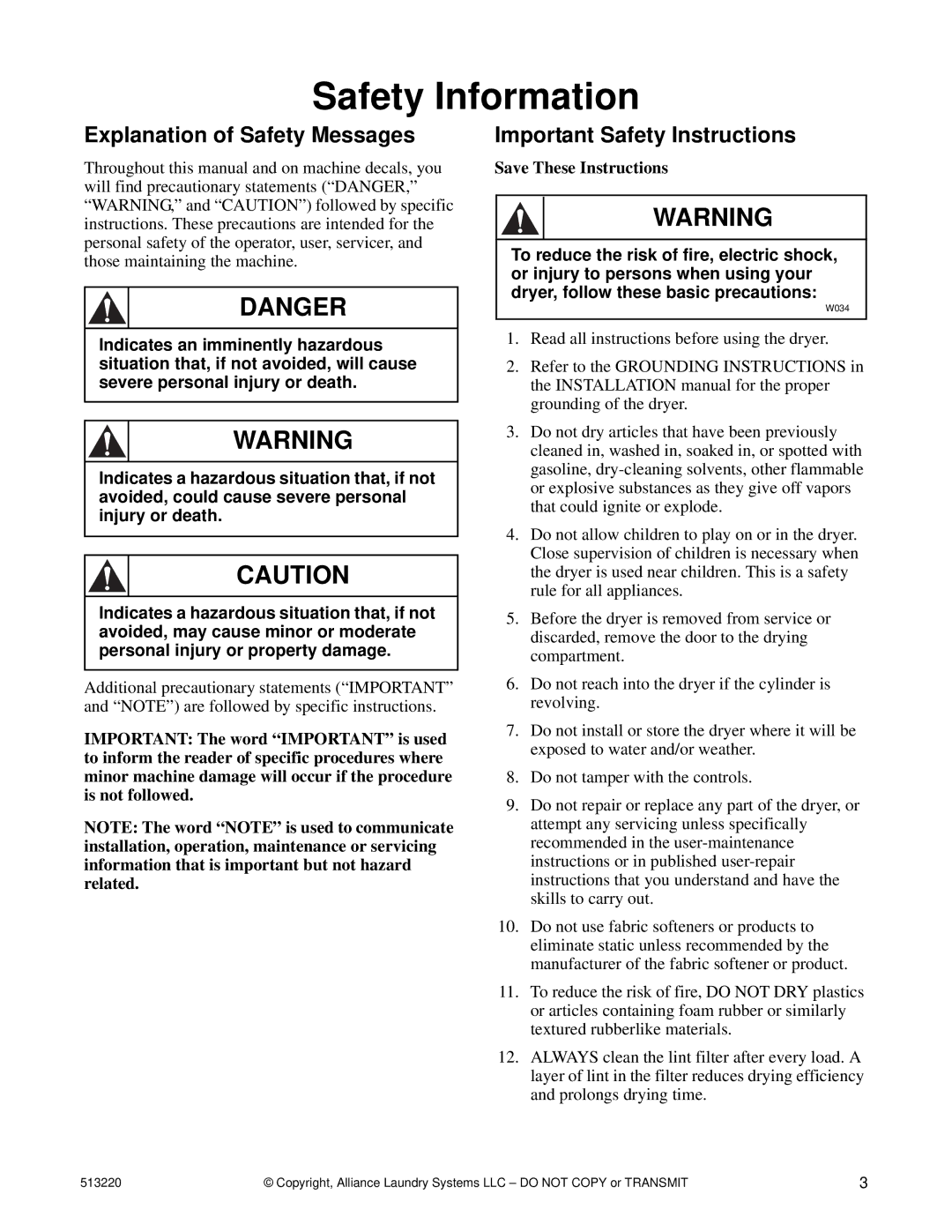 Alliance Laundry Systems DRY684C manual Safety Information, Explanation of Safety Messages, Important Safety Instructions 