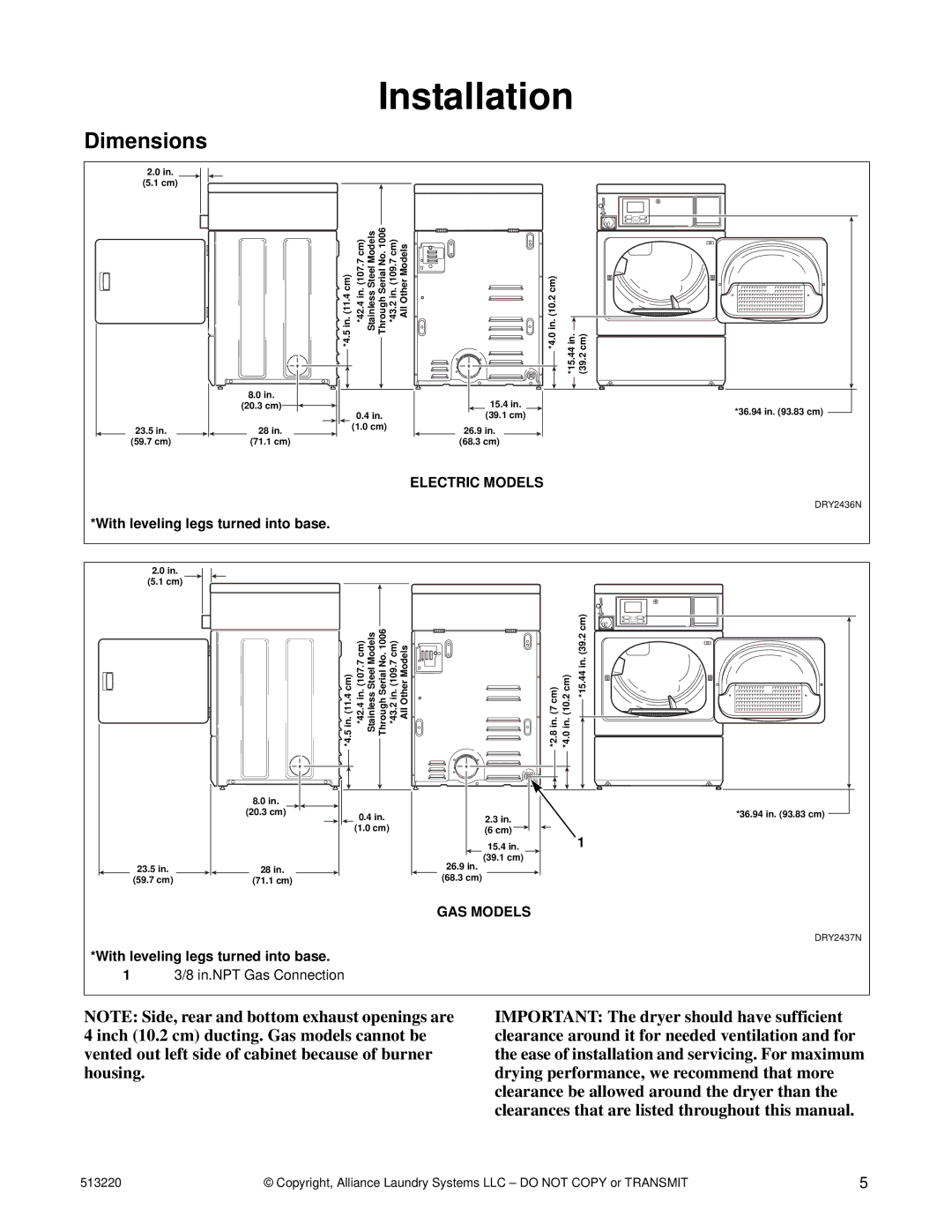 Alliance Laundry Systems DRY684C manual Installation, Dimensions 