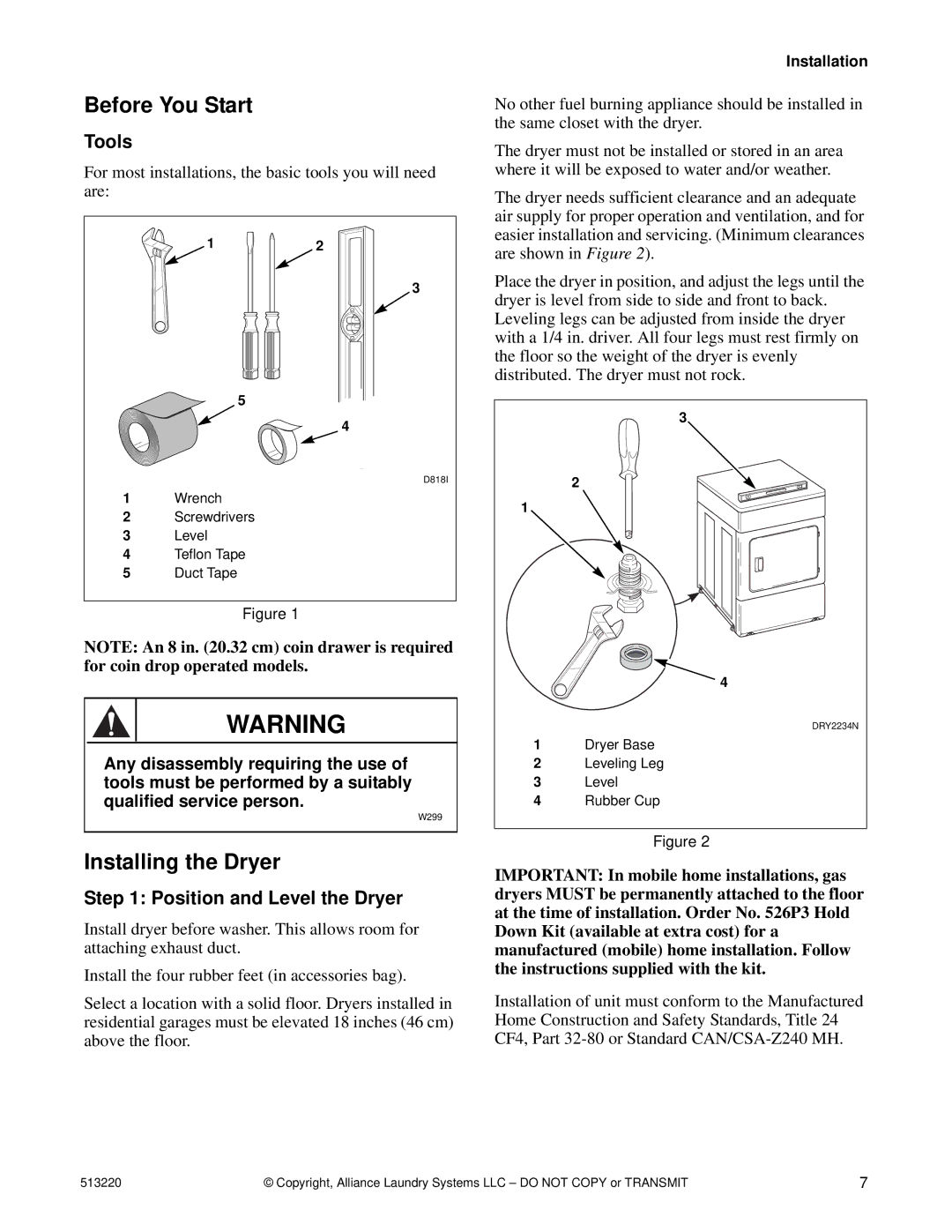 Alliance Laundry Systems DRY684C manual Before You Start, Installing the Dryer, Tools, Position and Level the Dryer 