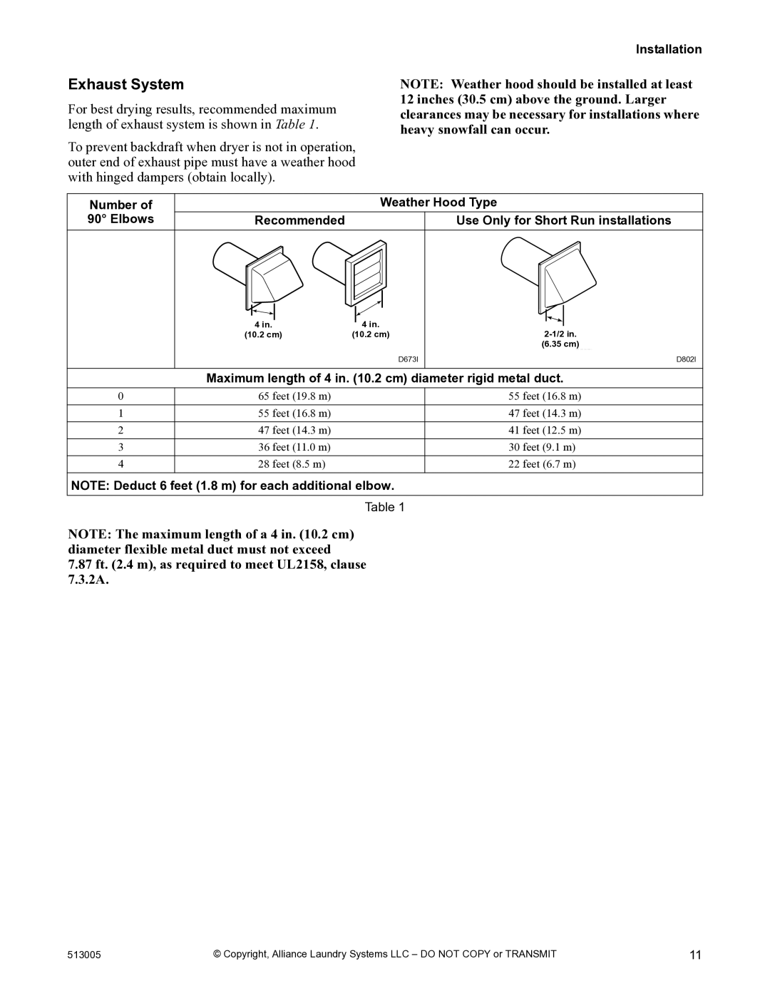 Alliance Laundry Systems DRY710C manual Exhaust System, Maximum length of 4 in .2 cm diameter rigid metal duct 