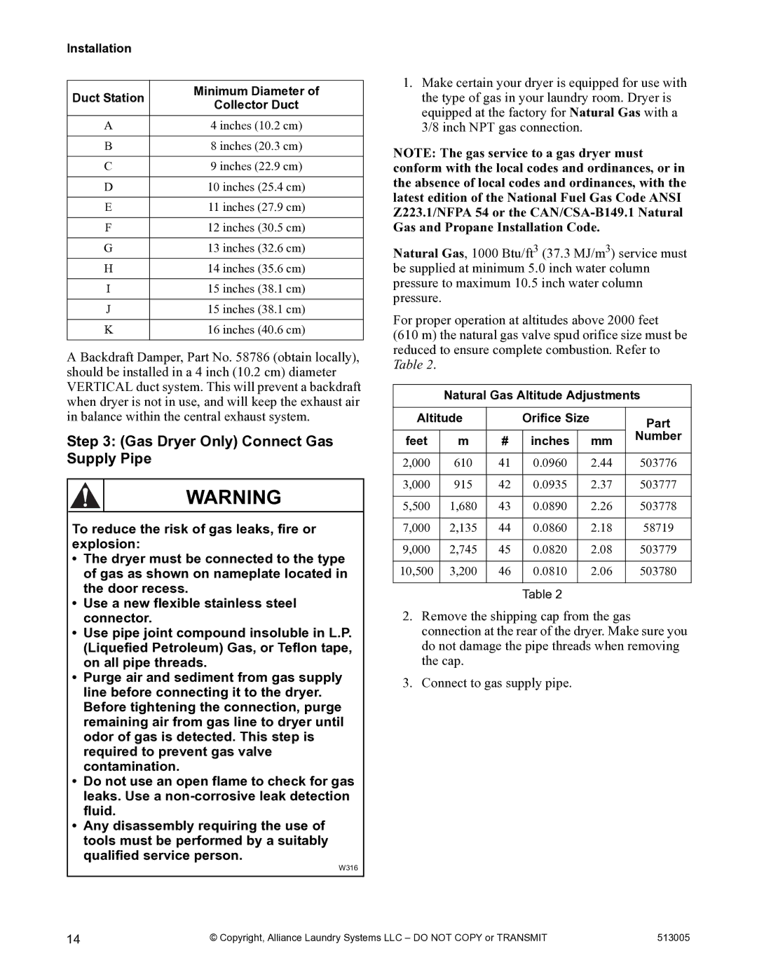 Alliance Laundry Systems DRY710C manual Gas Dryer Only Connect Gas Supply Pipe 