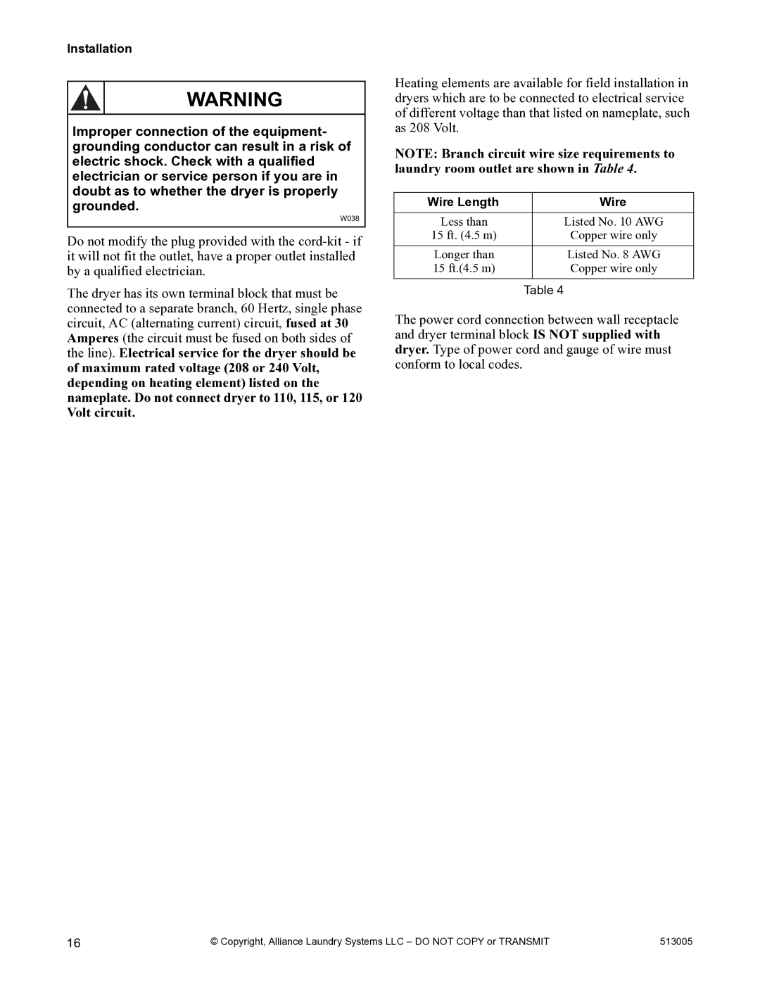 Alliance Laundry Systems DRY710C manual Wire Length 