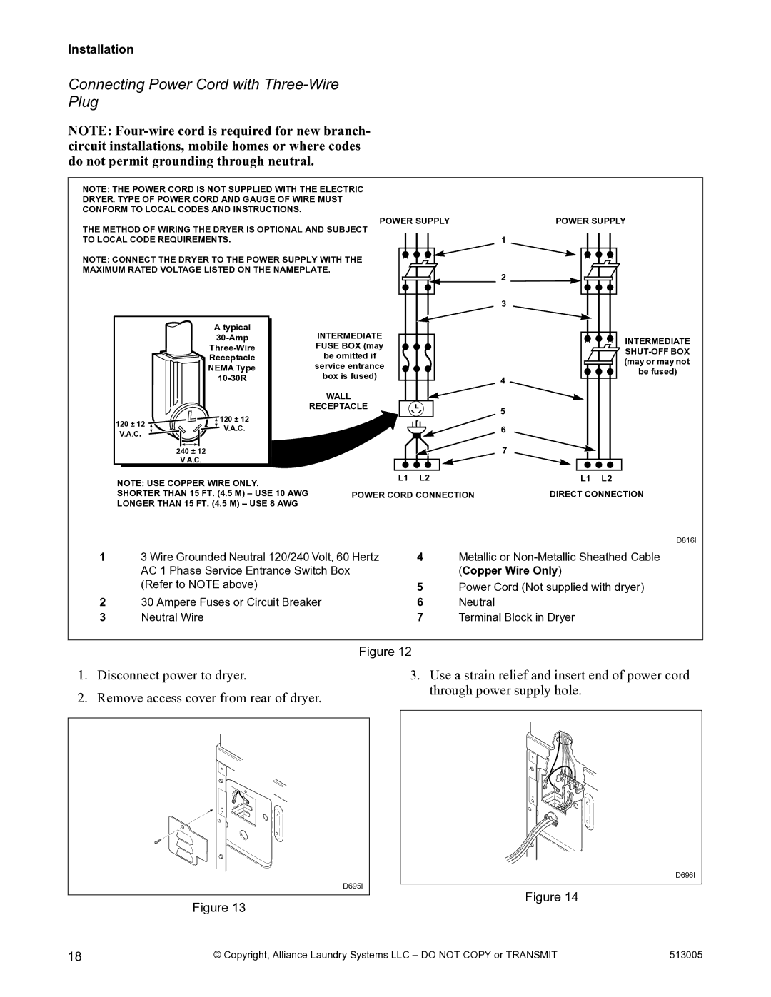 Alliance Laundry Systems DRY710C manual Connecting Power Cord with Three-Wire Plug, Shut-Off Box 