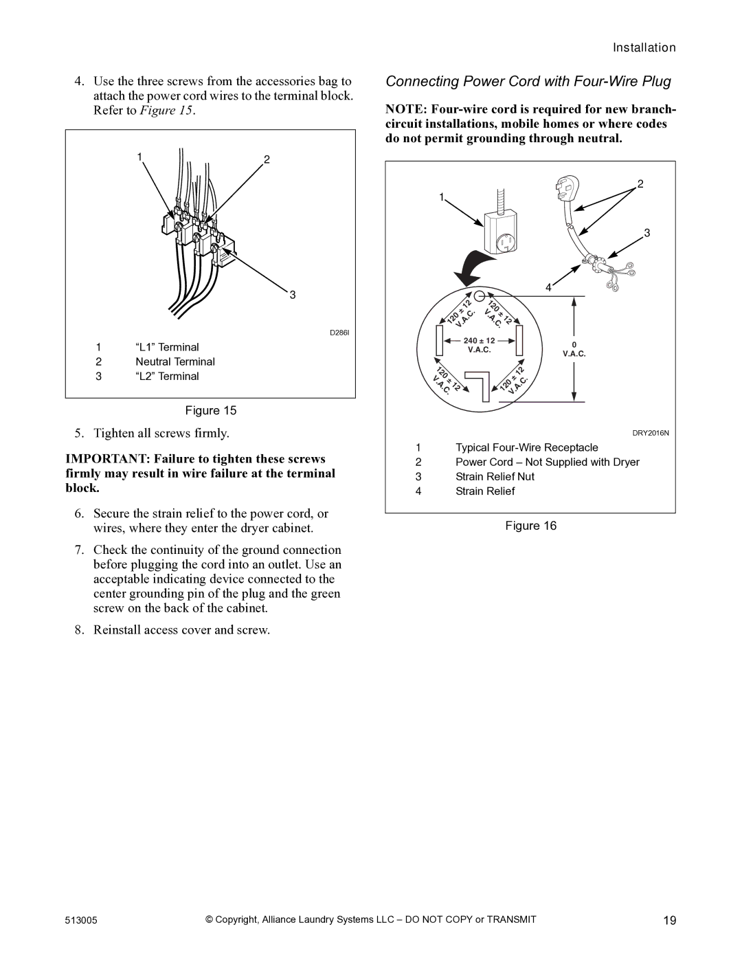 Alliance Laundry Systems DRY710C manual Connecting Power Cord with Four-Wire Plug 