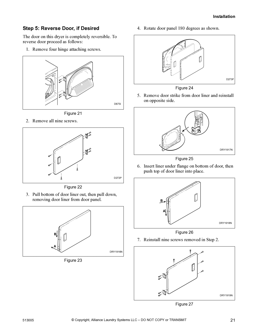 Alliance Laundry Systems DRY710C manual Reverse Door, if Desired, Reinstall nine screws removed in Step 