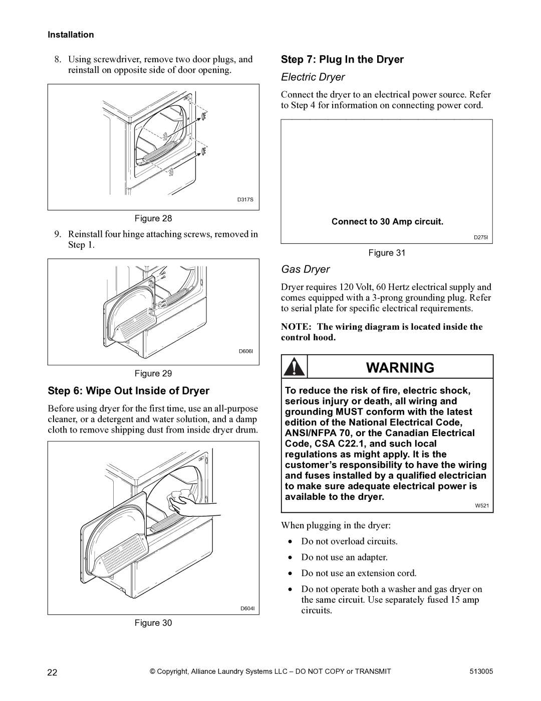 Alliance Laundry Systems DRY710C manual Wipe Out Inside of Dryer, Plug In the Dryer, Electric Dryer, Gas Dryer 