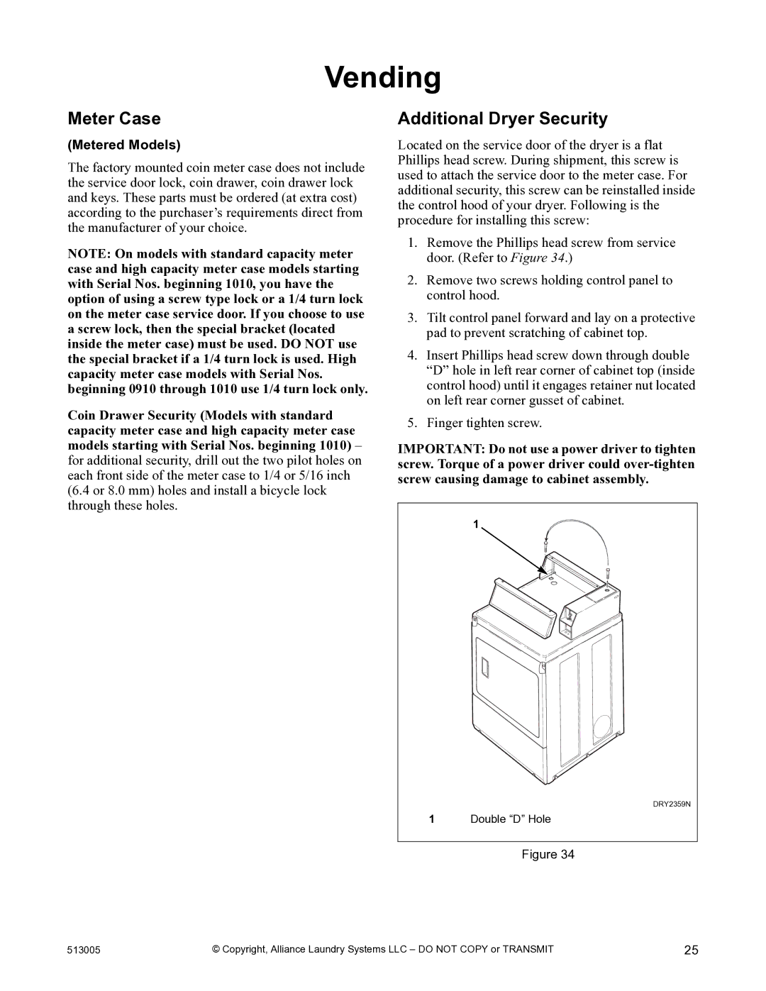 Alliance Laundry Systems DRY710C manual Vending, Meter Case, Additional Dryer Security 