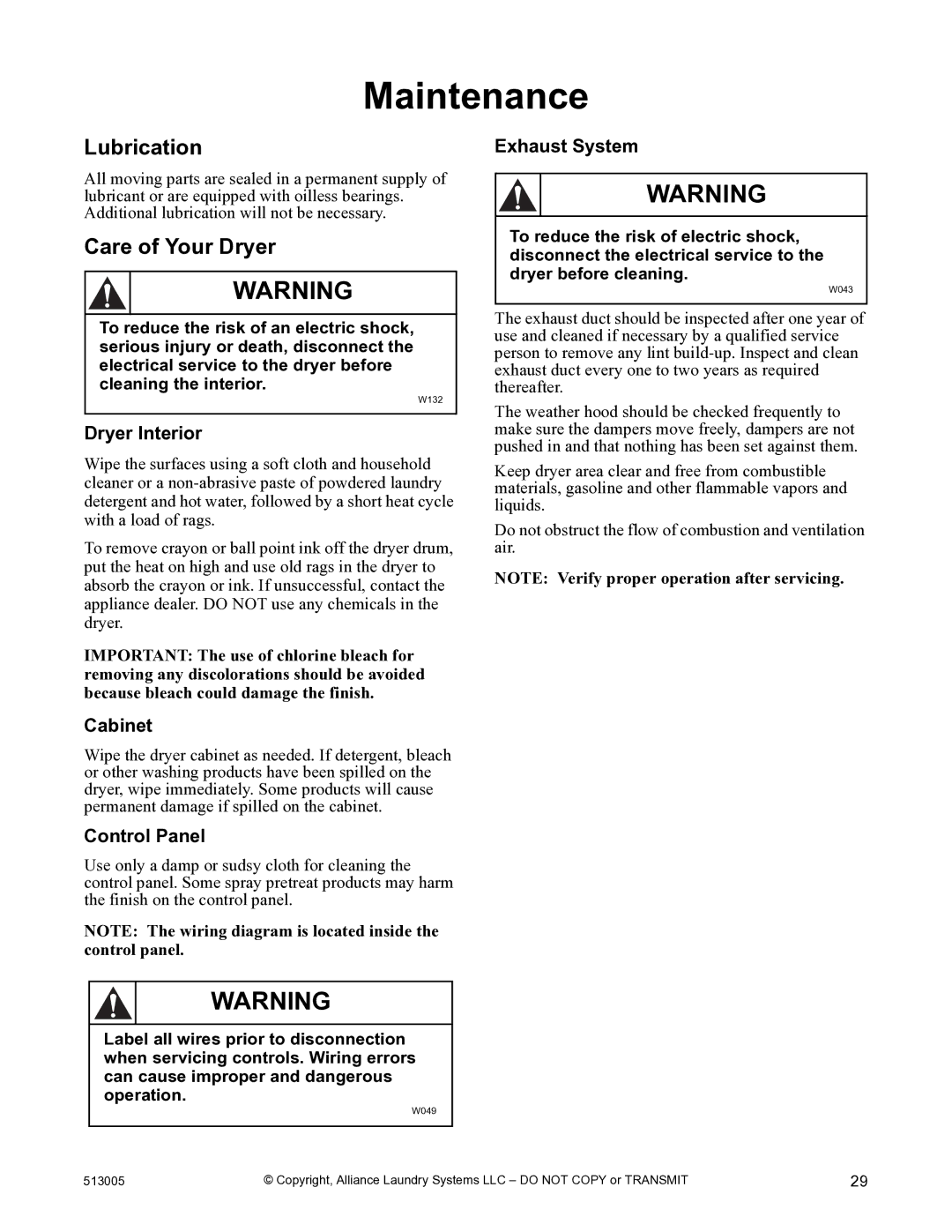 Alliance Laundry Systems DRY710C manual Maintenance, Lubrication, Care of Your Dryer 