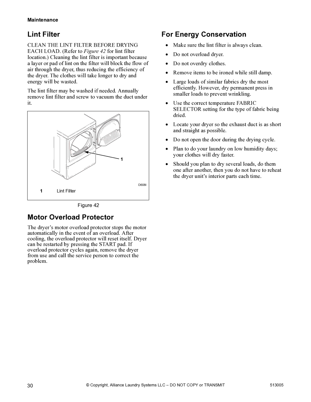 Alliance Laundry Systems DRY710C manual Lint Filter, Motor Overload Protector, For Energy Conservation 