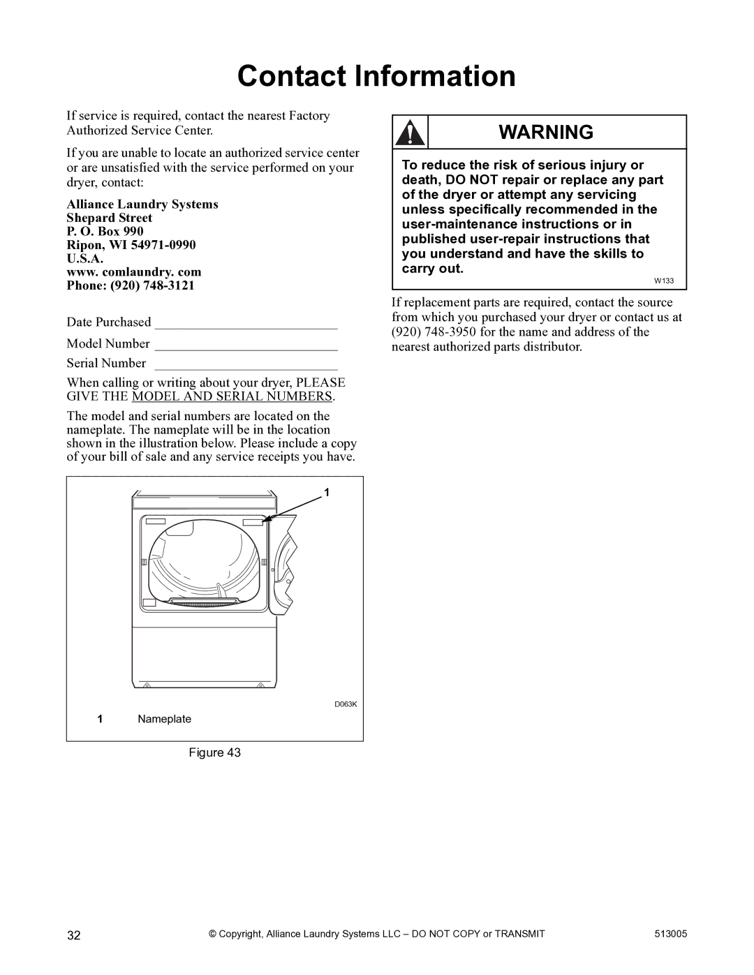 Alliance Laundry Systems DRY710C manual Contact Information, Alliance Laundry Systems Shepard Street Box Ripon, WI 