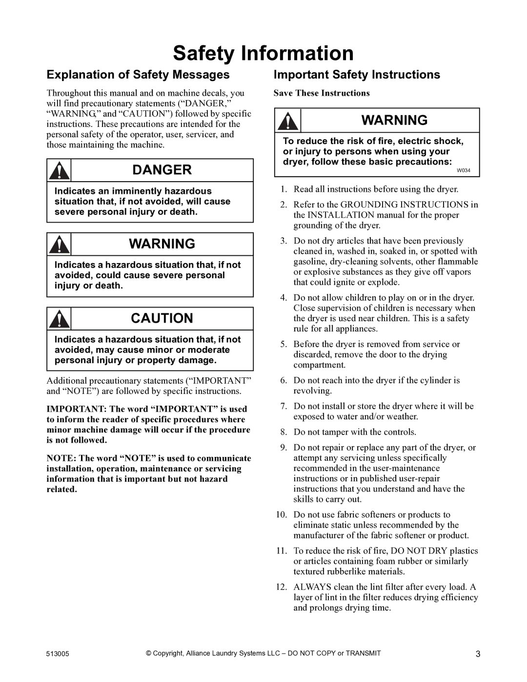 Alliance Laundry Systems DRY710C manual Safety Information, Explanation of Safety Messages, Important Safety Instructions 