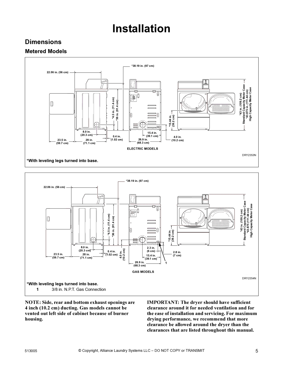 Alliance Laundry Systems DRY710C manual Installation, Dimensions, Metered Models 