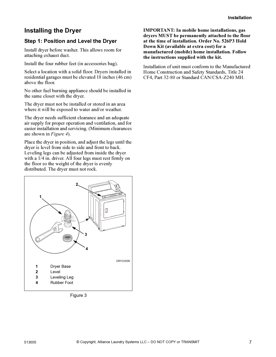 Alliance Laundry Systems DRY710C manual Installing the Dryer, Position and Level the Dryer 