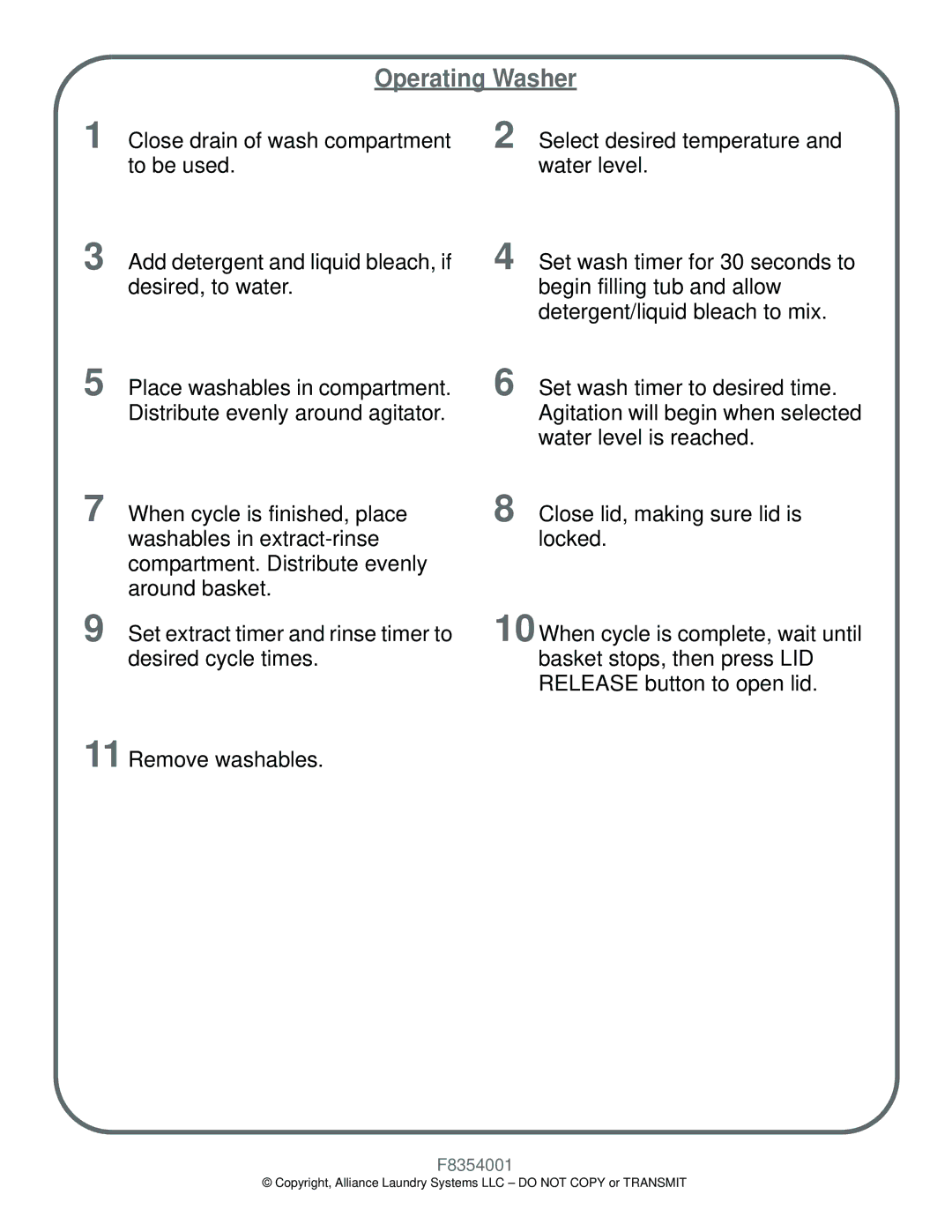 Alliance Laundry Systems F8354001 important safety instructions Operating Washer 