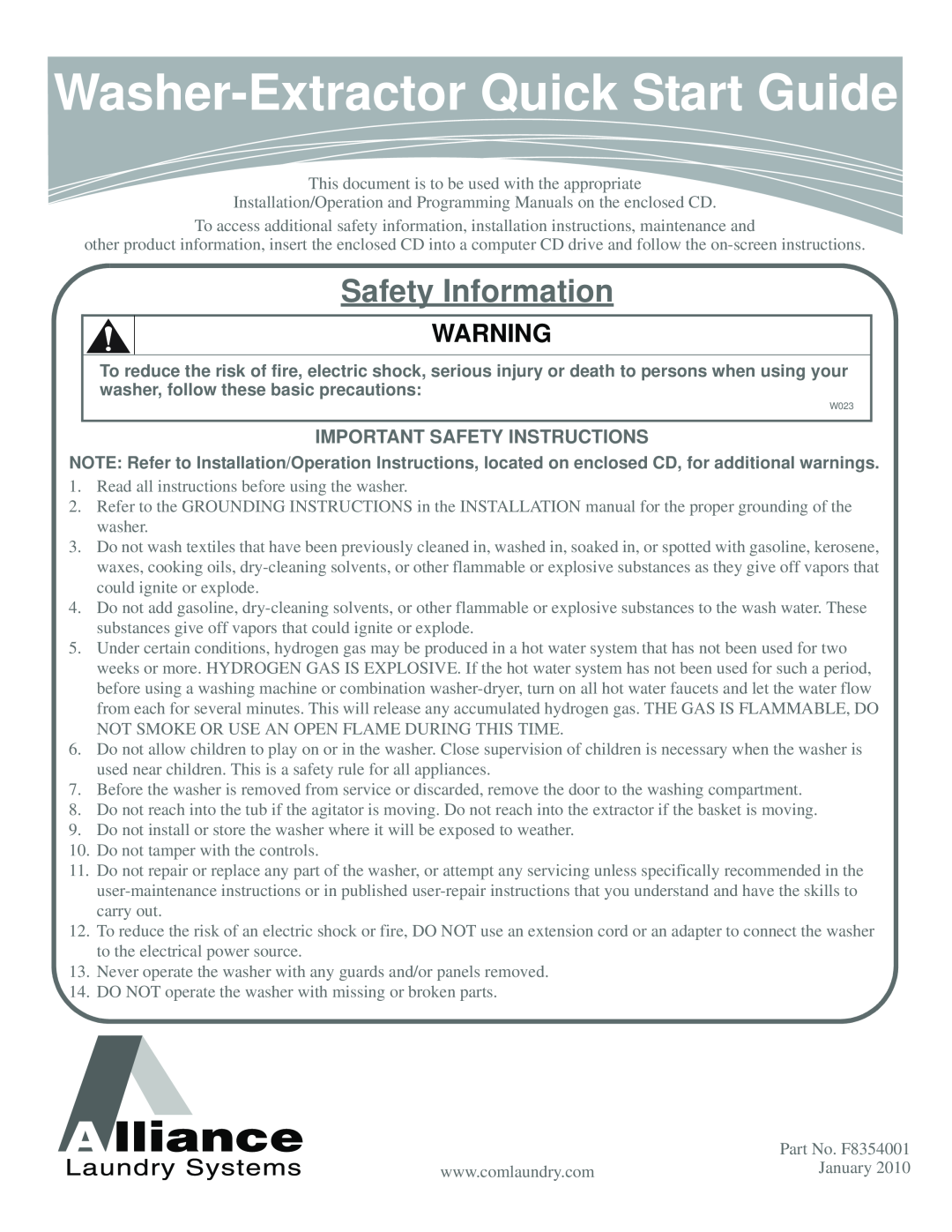 Alliance Laundry Systems F8354001 important safety instructions Washer-Extractor Quick Start Guide, Safety Information 