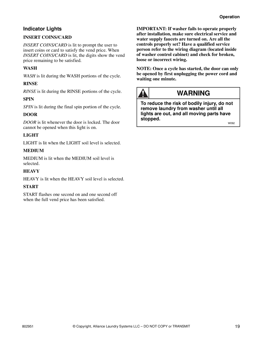 Alliance Laundry Systems FLW1525C manual Indicator Lights, Insert COINS/CARD 