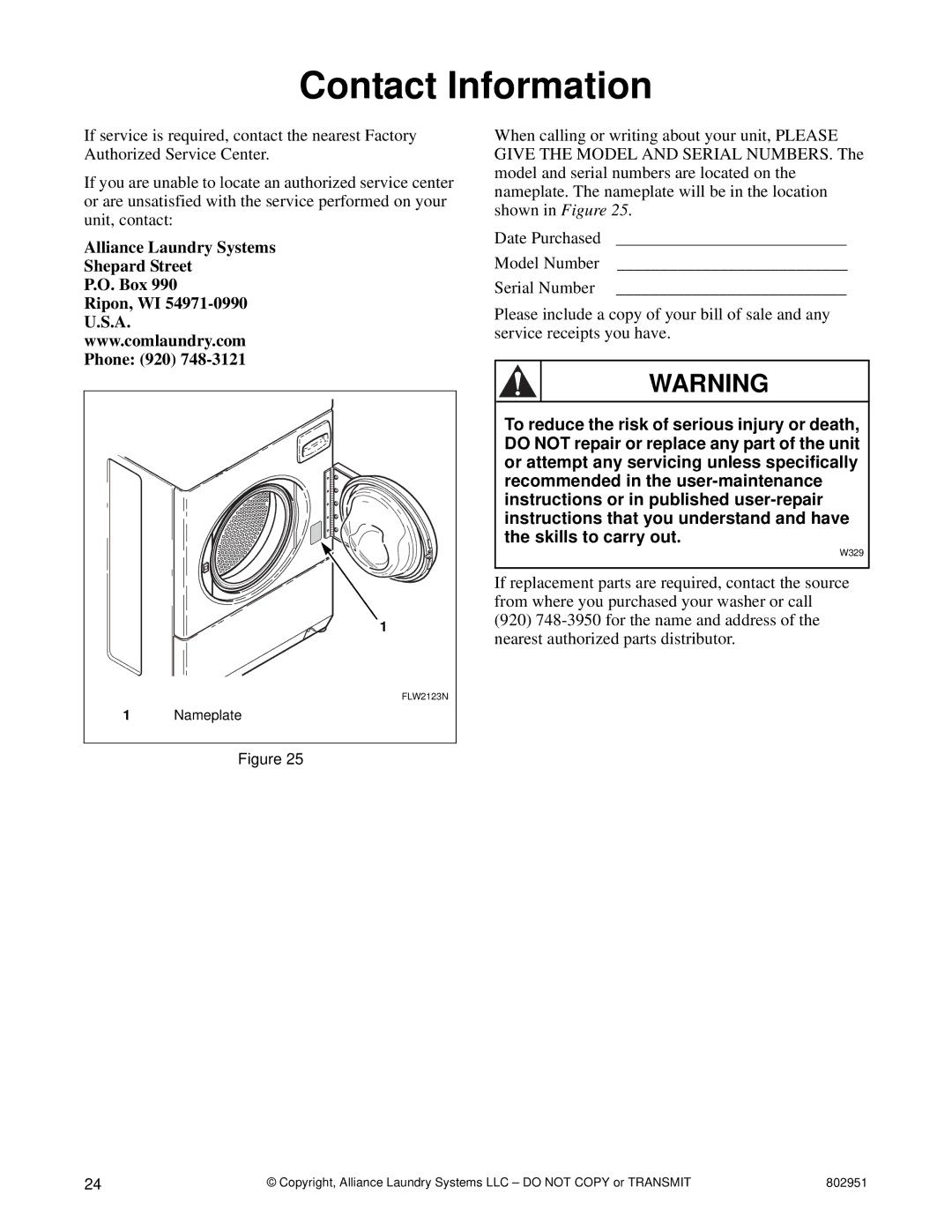 Alliance Laundry Systems FLW1525C manual Contact Information 