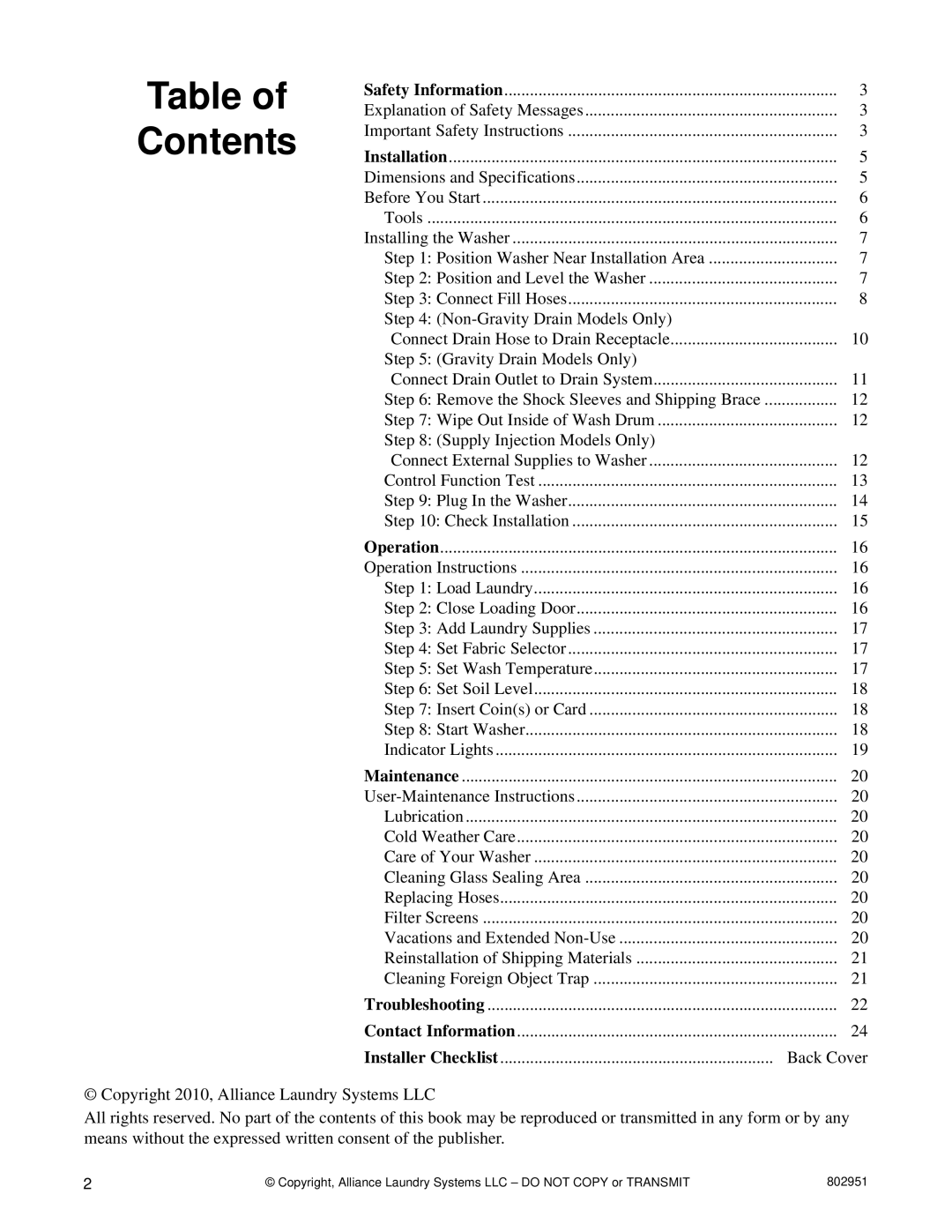 Alliance Laundry Systems FLW1525C manual Contents 