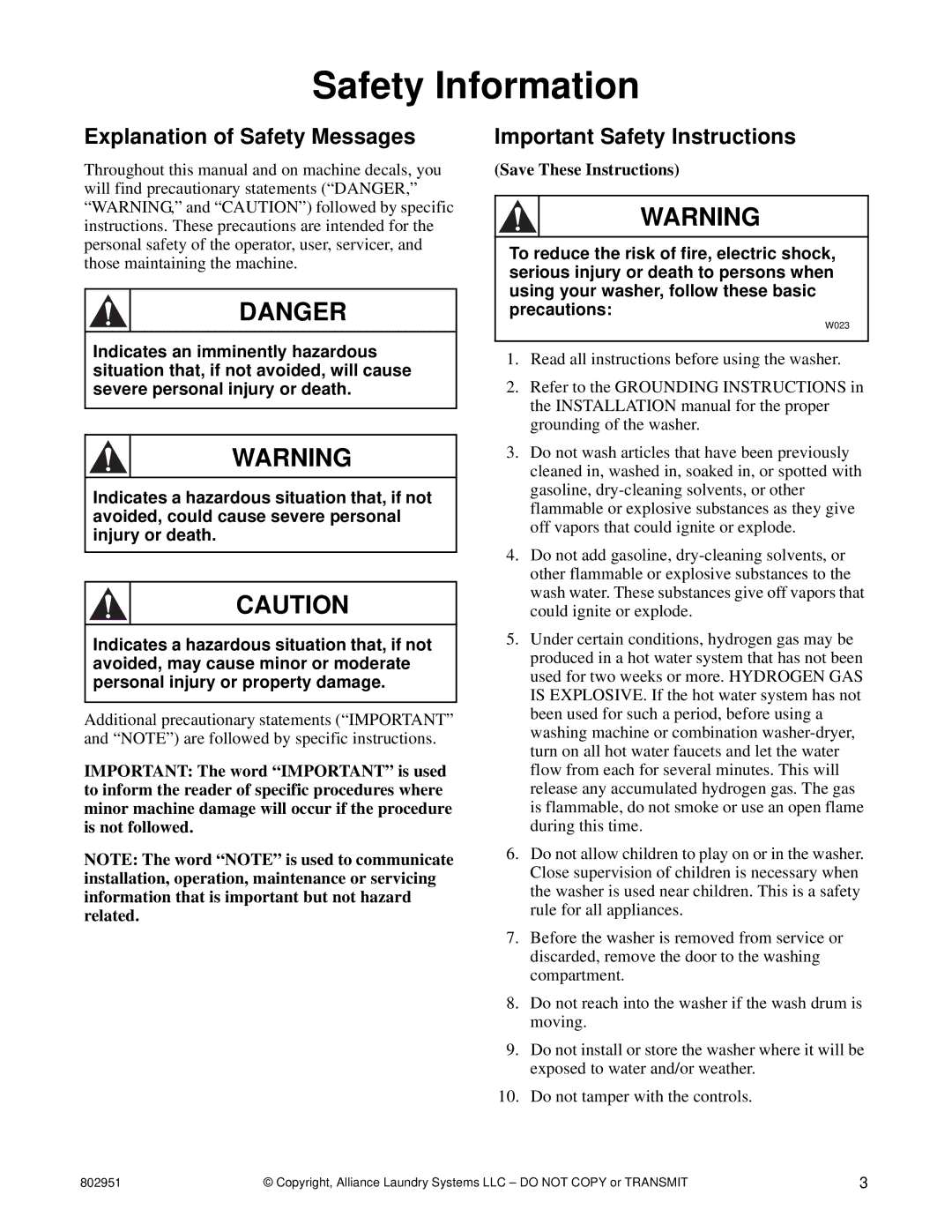 Alliance Laundry Systems FLW1525C manual Safety Information, Explanation of Safety Messages, Important Safety Instructions 