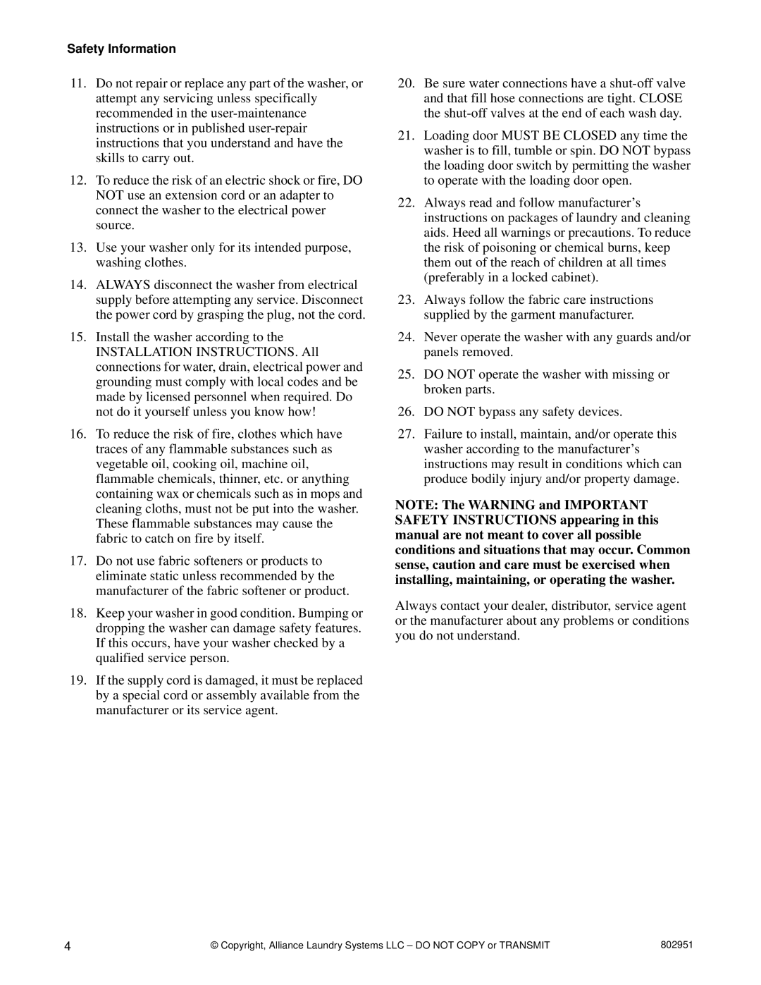 Alliance Laundry Systems FLW1525C manual Safety Information 