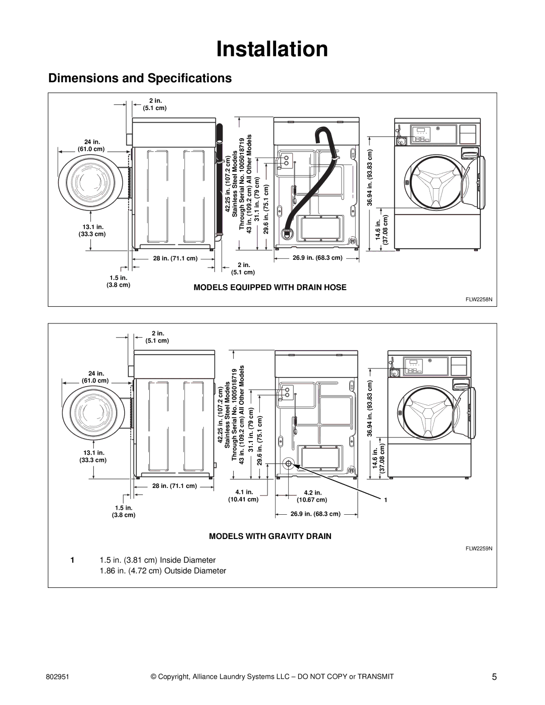 Alliance Laundry Systems FLW1525C manual Installation, Dimensions and Specifications 