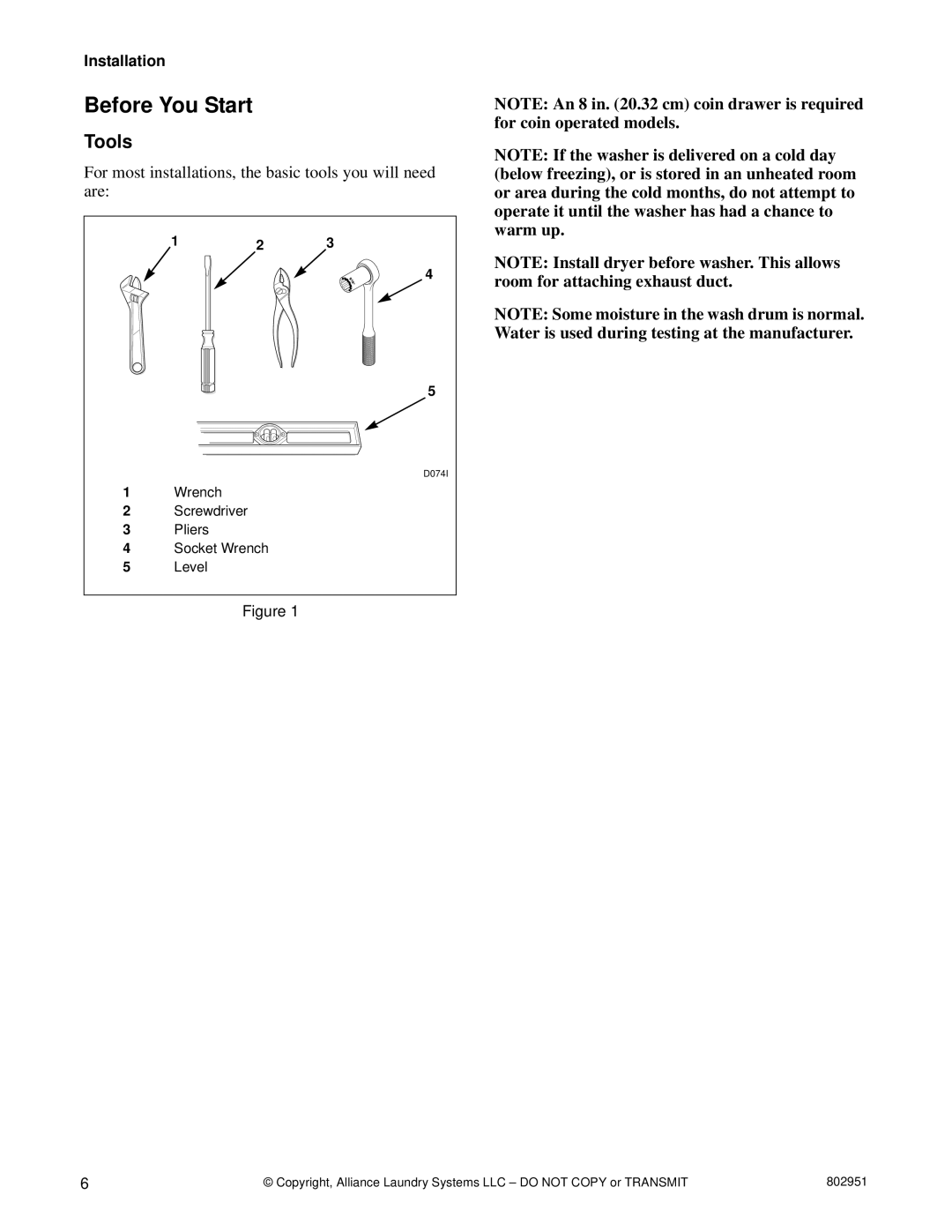 Alliance Laundry Systems FLW1525C manual Before You Start, Tools 